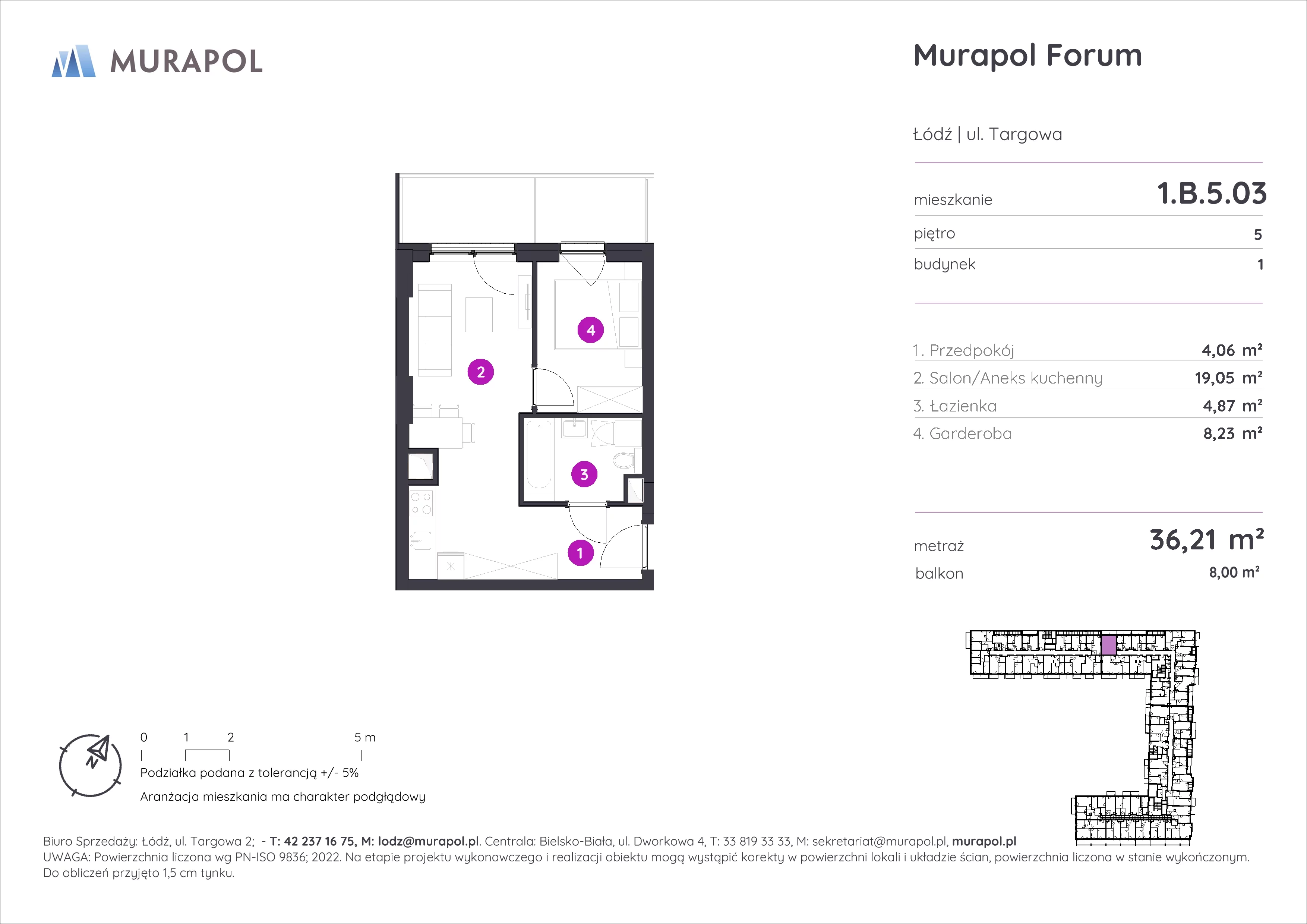 1 pokój, mieszkanie 36,21 m², piętro 5, oferta nr 1.B.5.03, Murapol Forum, Łódź, Śródmieście, ul. Targowa