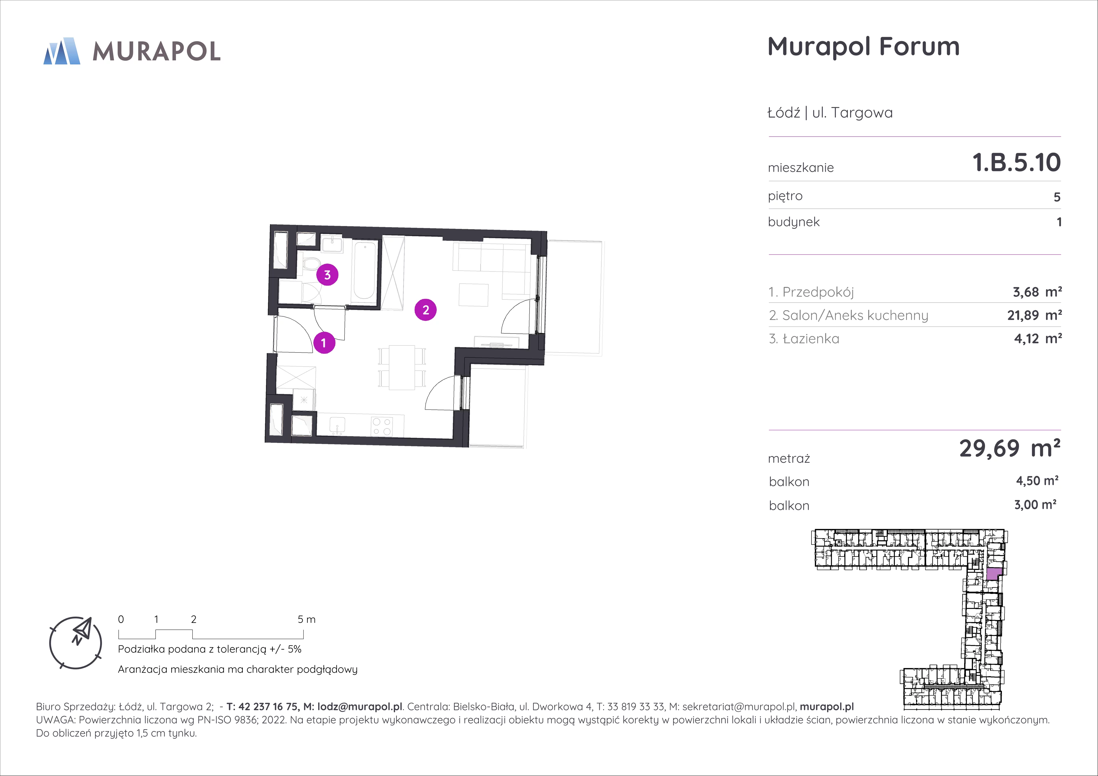 1 pokój, mieszkanie 29,69 m², piętro 5, oferta nr 1.B.5.10, Murapol Forum, Łódź, Śródmieście, ul. Targowa