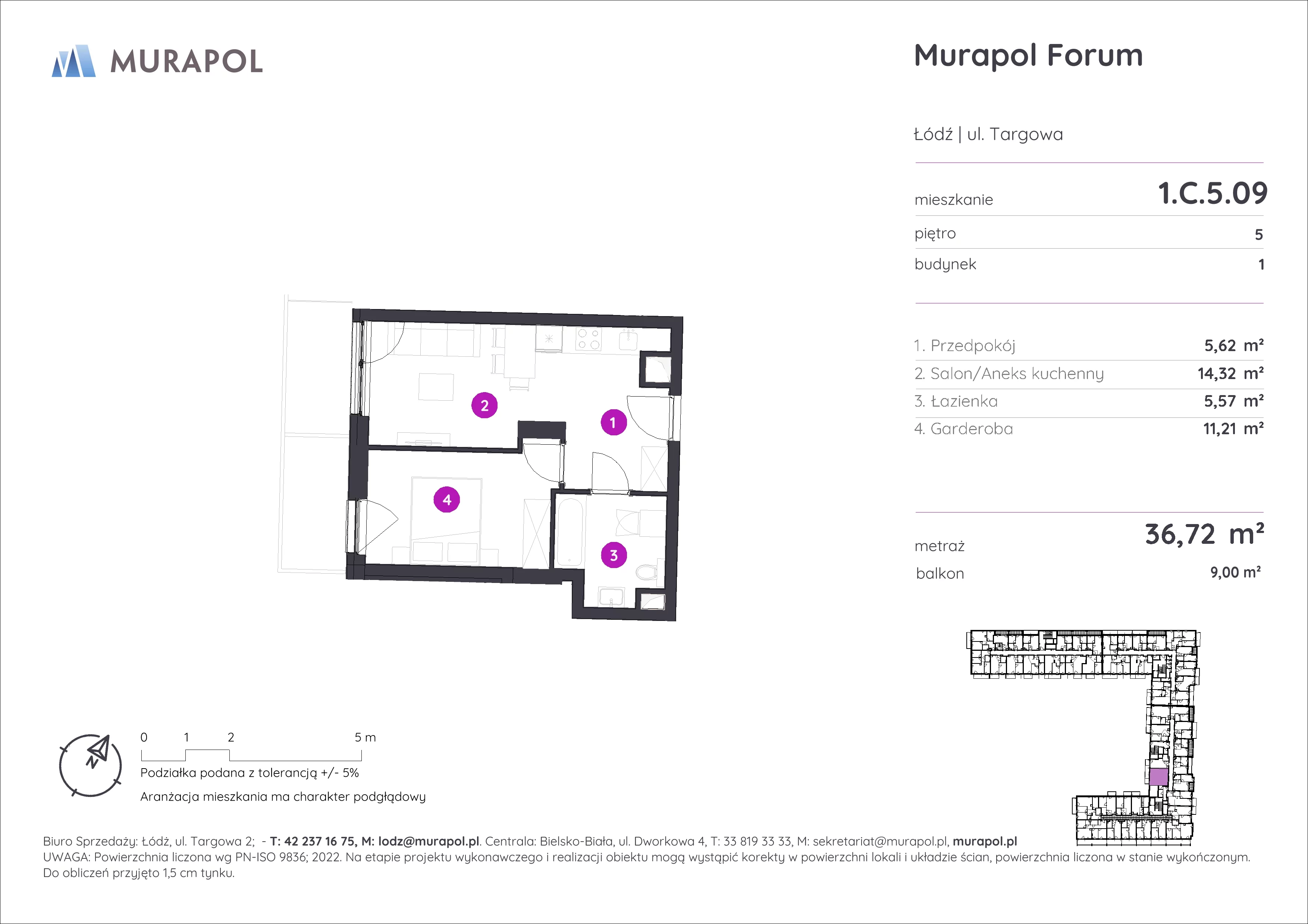 1 pokój, mieszkanie 36,72 m², piętro 5, oferta nr 1.C.5.09, Murapol Forum, Łódź, Śródmieście, ul. Targowa