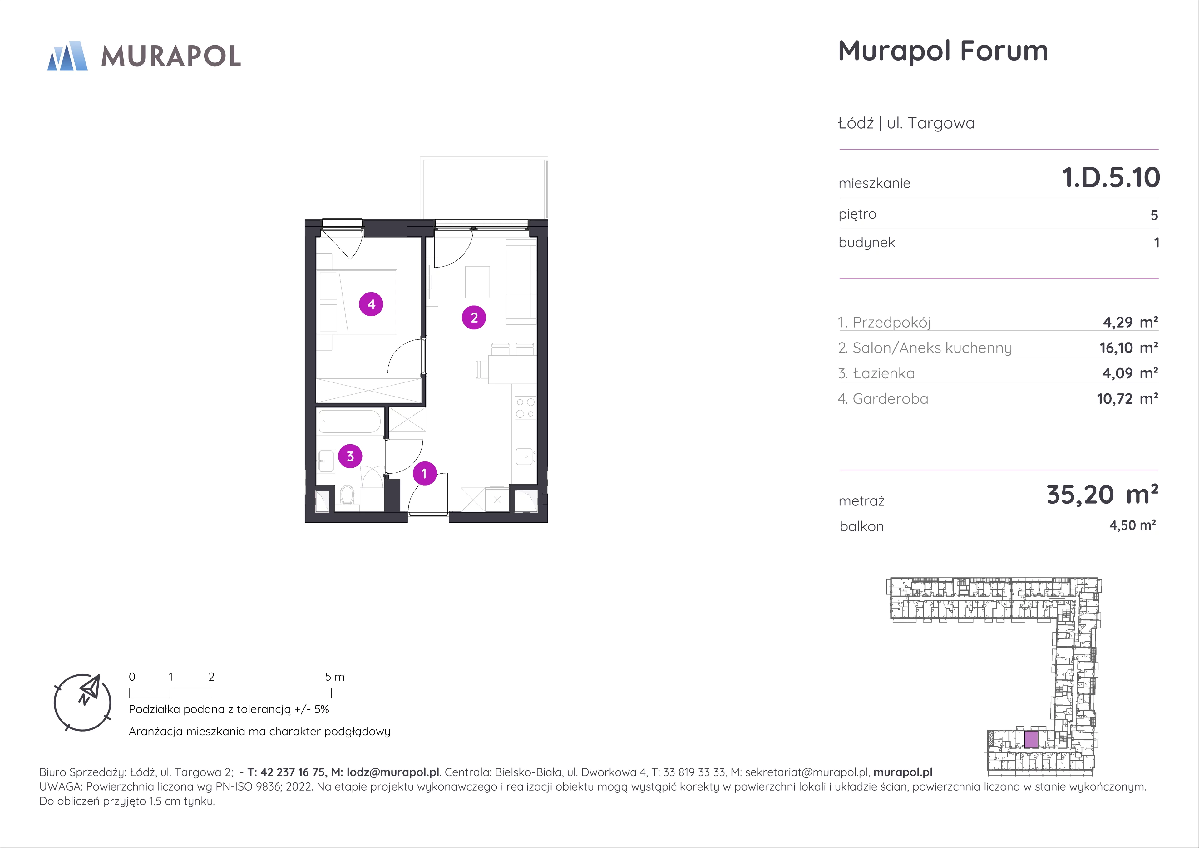 1 pokój, mieszkanie 35,20 m², piętro 5, oferta nr 1.D.5.10, Murapol Forum, Łódź, Śródmieście, ul. Targowa