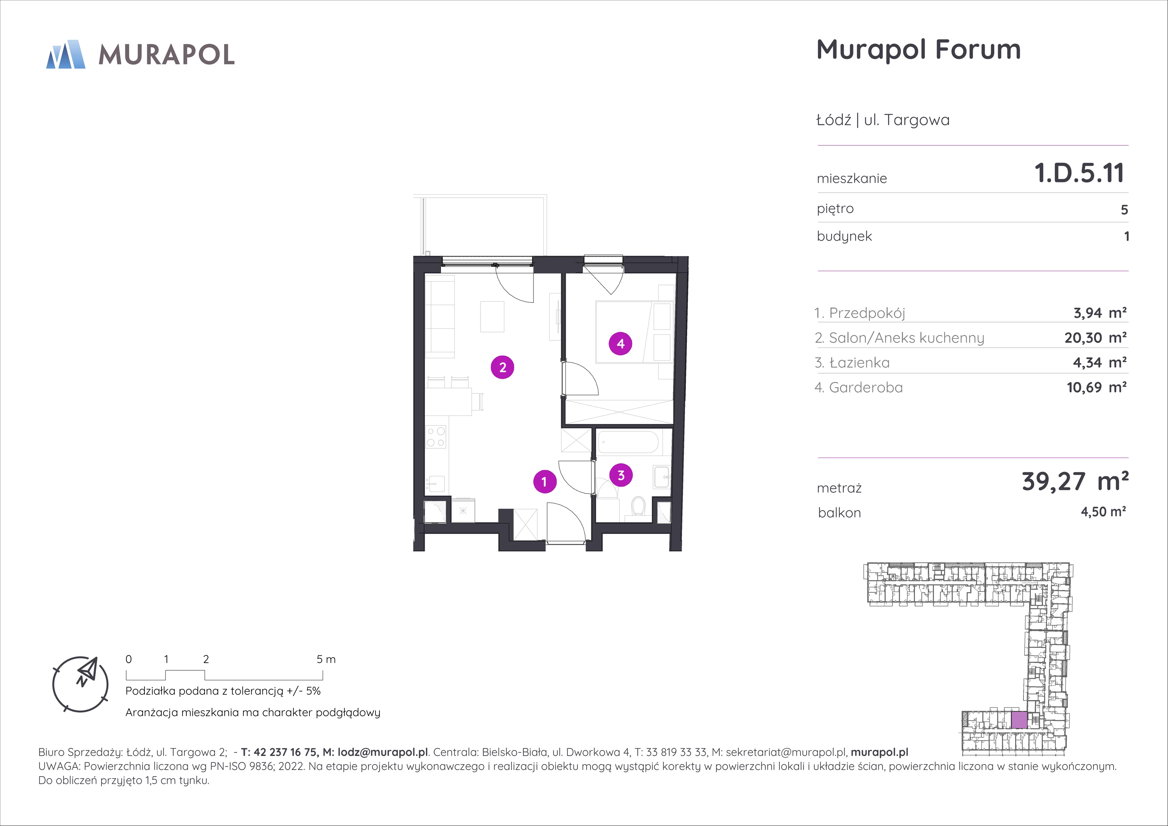 1 pokój, mieszkanie 39,27 m², piętro 5, oferta nr 1.D.5.11, Murapol Forum, Łódź, Śródmieście, ul. Targowa