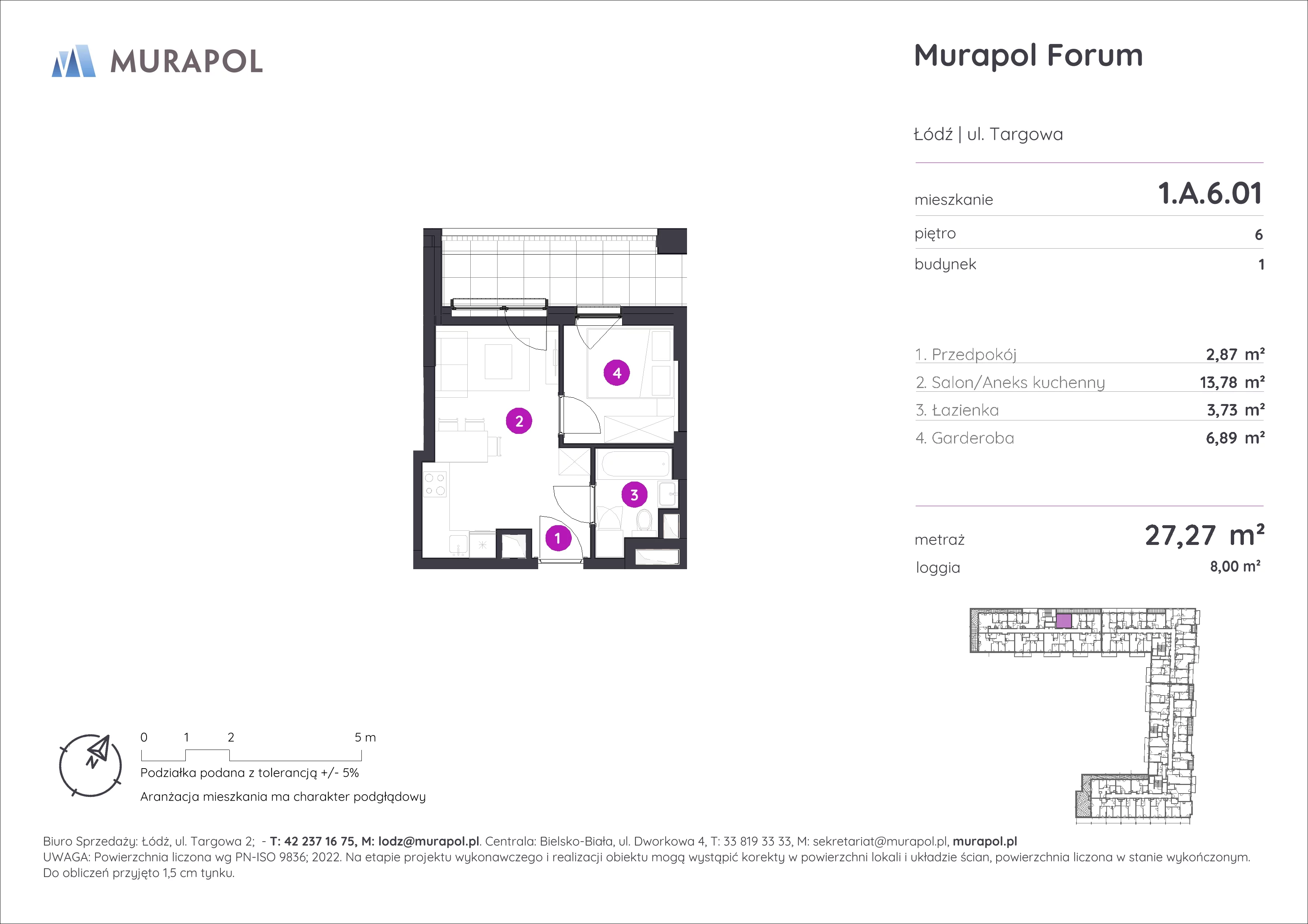 1 pokój, mieszkanie 27,27 m², piętro 6, oferta nr 1.A.6.01, Murapol Forum, Łódź, Śródmieście, ul. Targowa
