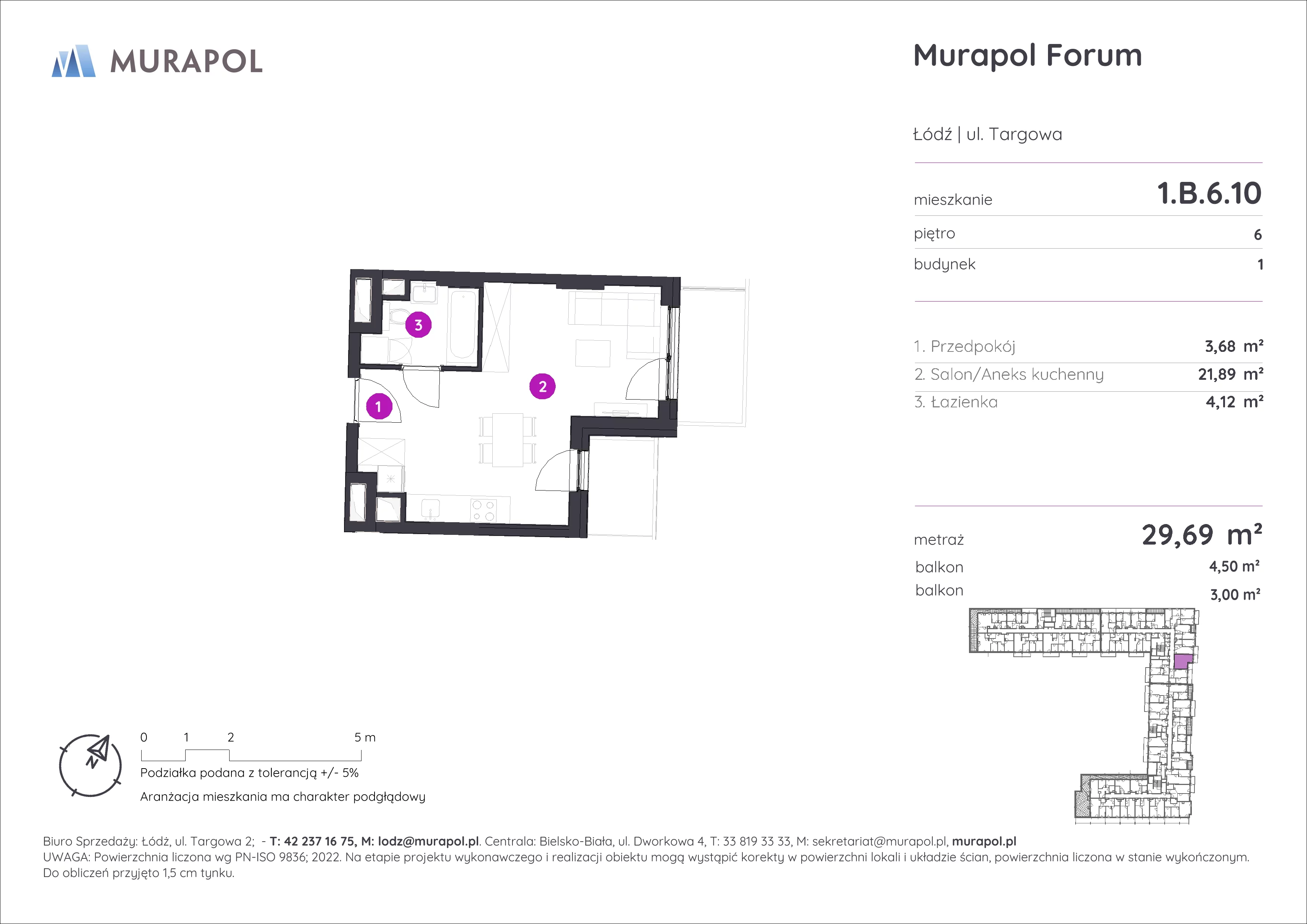1 pokój, mieszkanie 29,69 m², piętro 6, oferta nr 1.B.6.10, Murapol Forum, Łódź, Śródmieście, ul. Targowa
