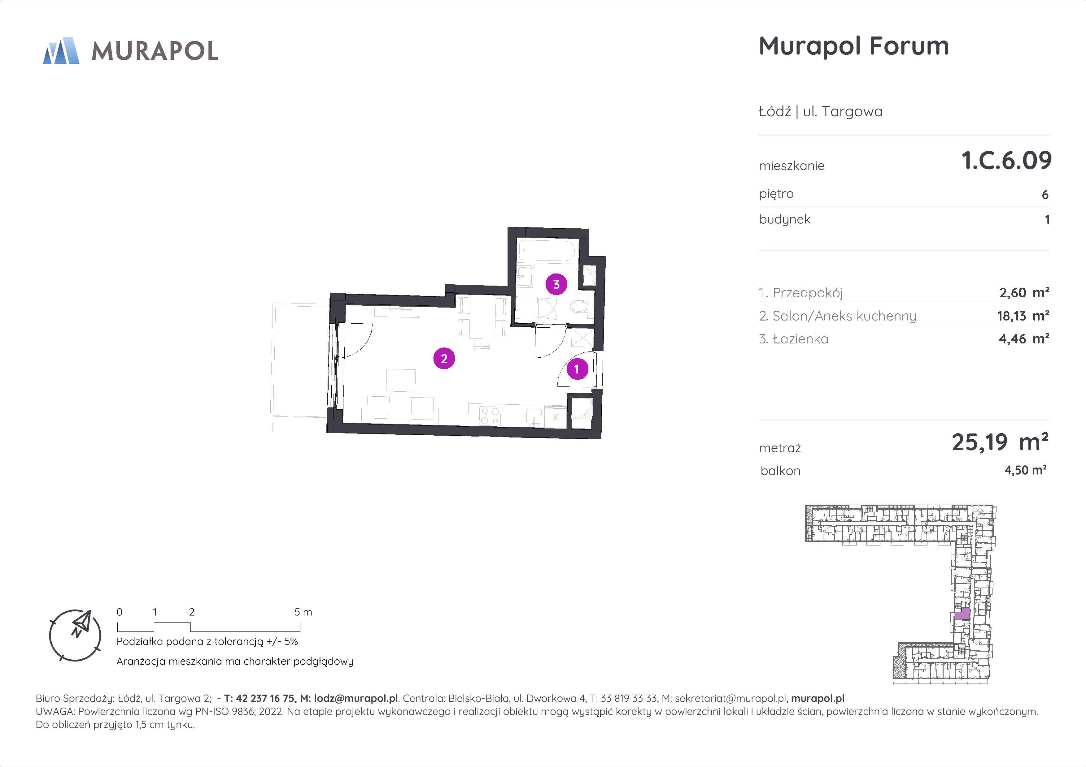 1 pokój, mieszkanie 25,19 m², piętro 6, oferta nr 1.C.6.09, Murapol Forum, Łódź, Śródmieście, ul. Targowa