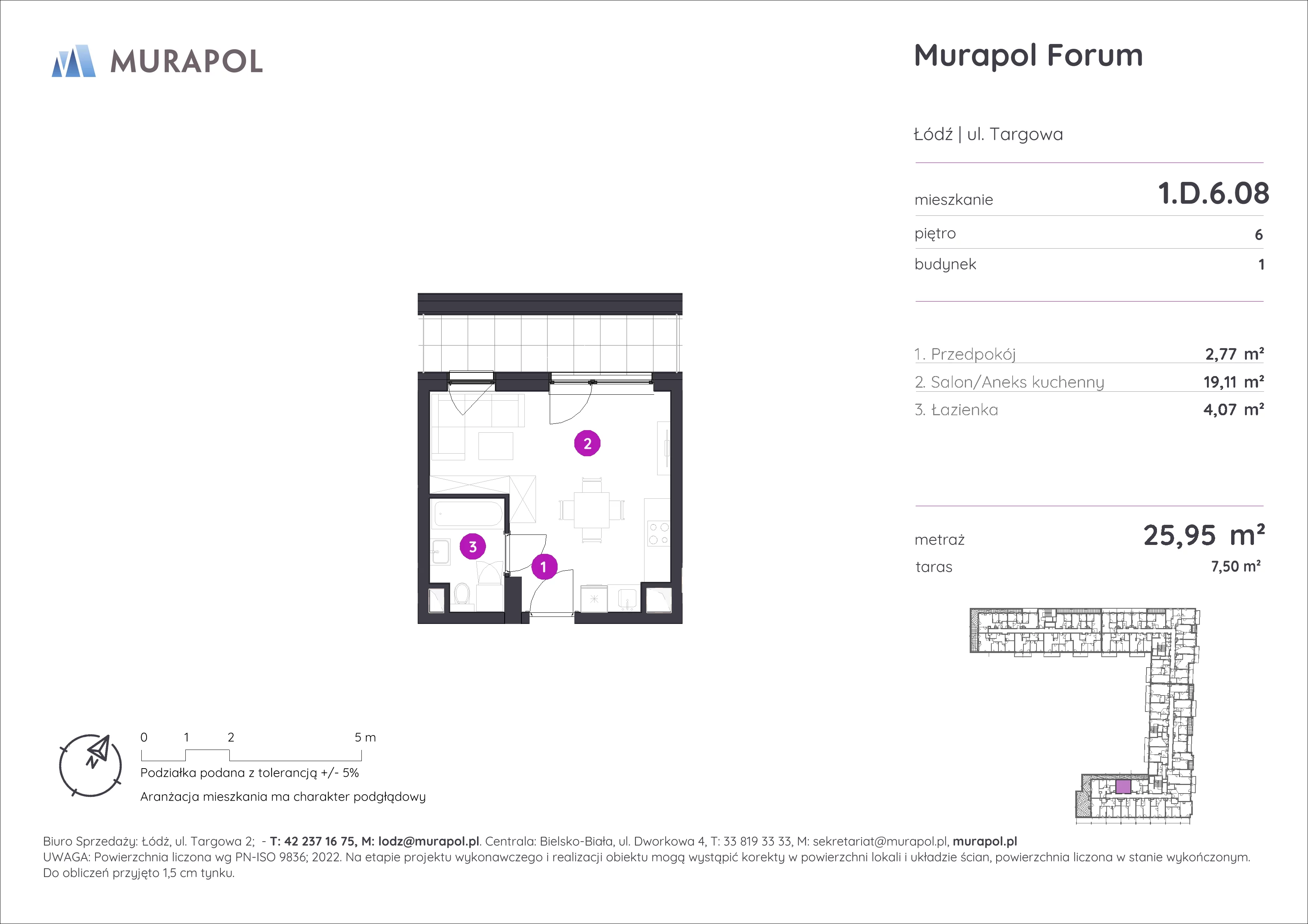 1 pokój, mieszkanie 25,95 m², piętro 6, oferta nr 1.D.6.08, Murapol Forum, Łódź, Śródmieście, ul. Targowa