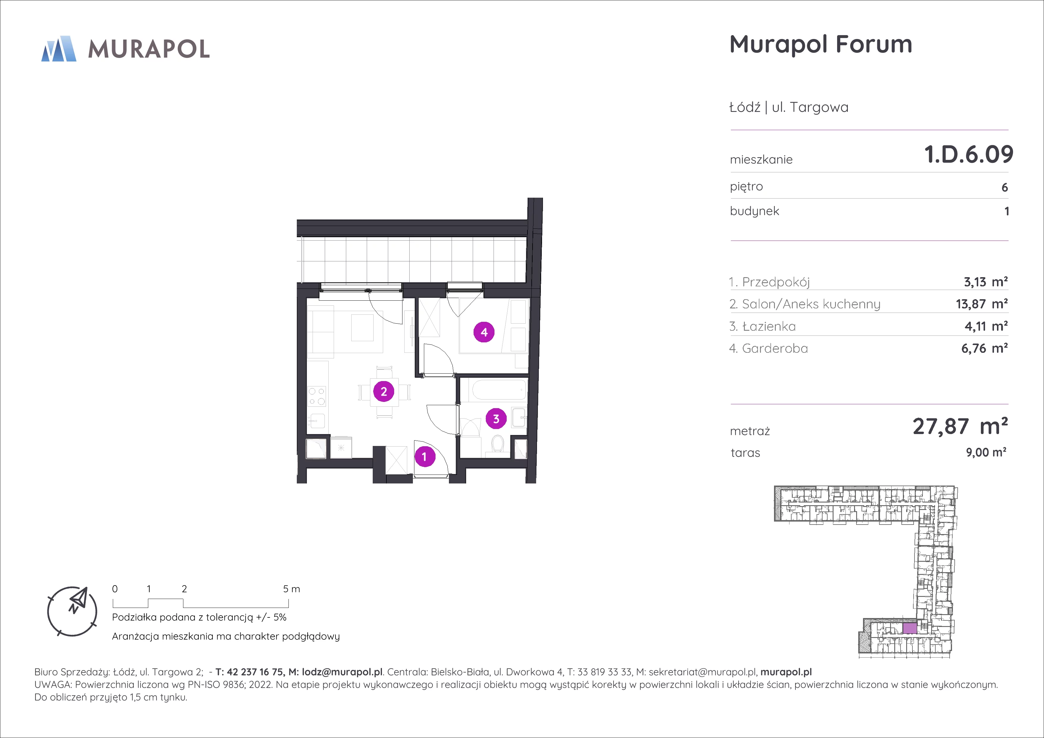 1 pokój, mieszkanie 27,87 m², piętro 6, oferta nr 1.D.6.09, Murapol Forum, Łódź, Śródmieście, ul. Targowa
