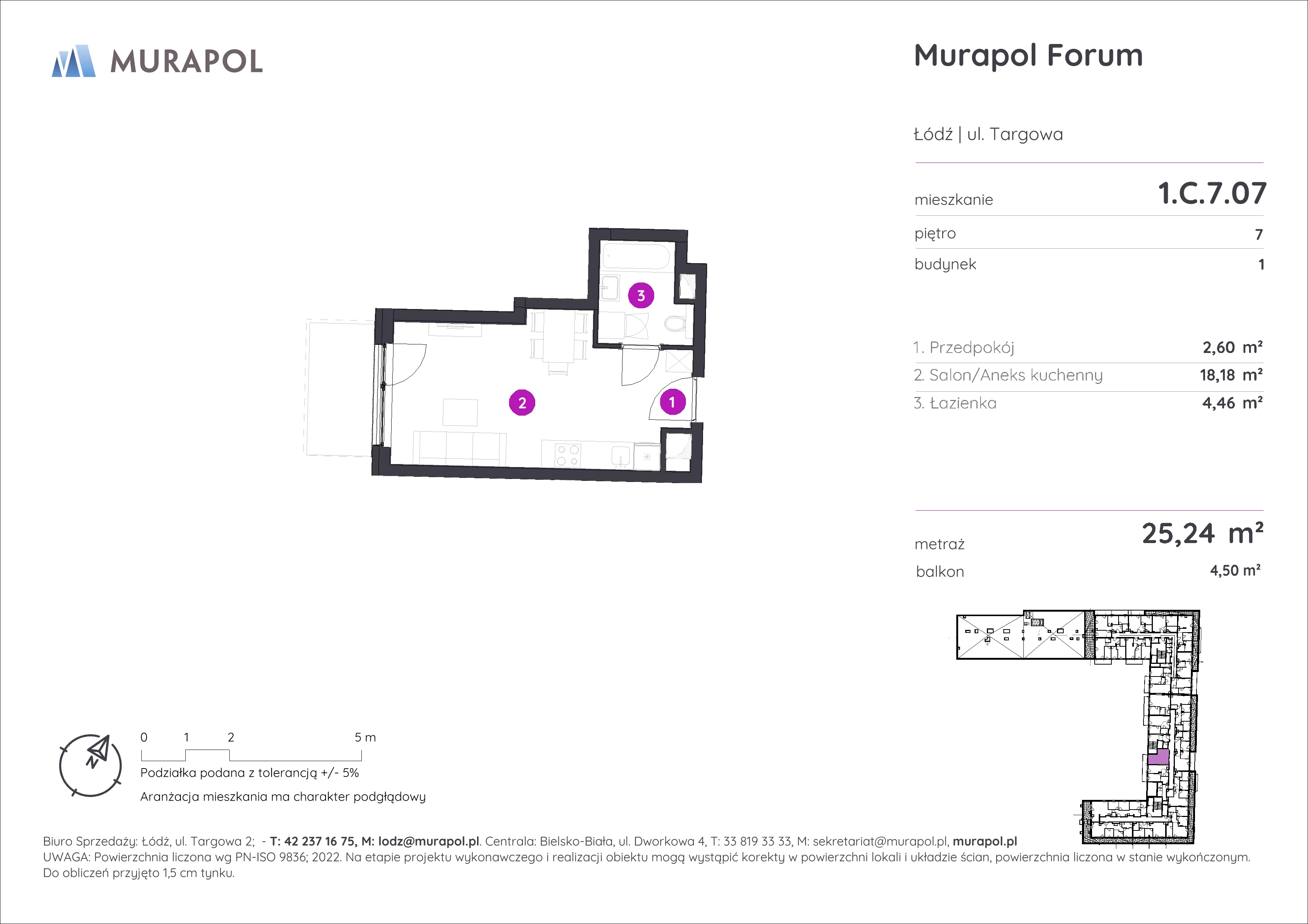 1 pokój, mieszkanie 25,24 m², piętro 7, oferta nr 1.C.7.07, Murapol Forum, Łódź, Śródmieście, ul. Targowa