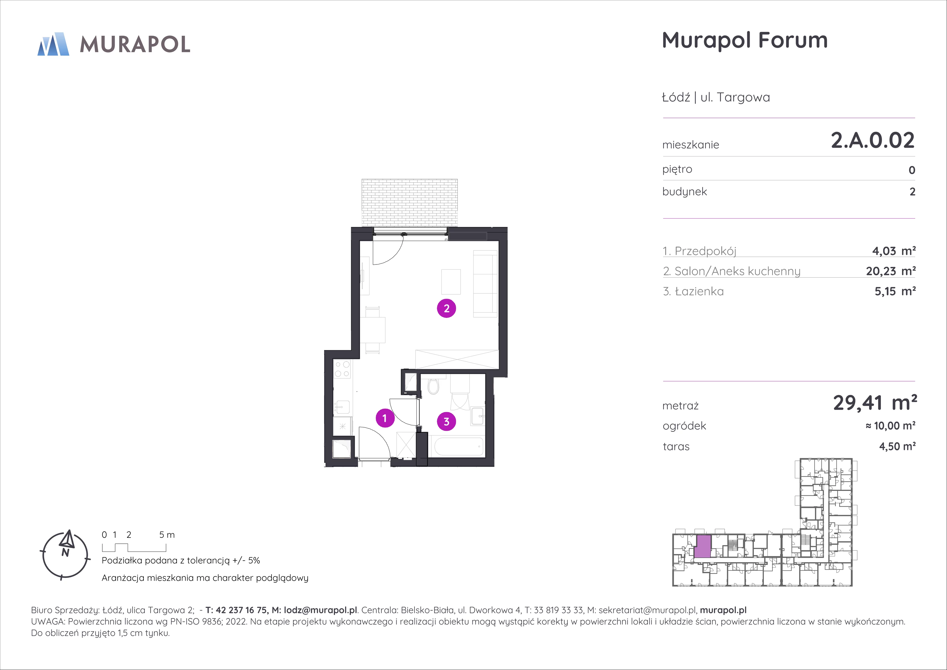 1 pokój, mieszkanie 29,41 m², parter, oferta nr 2.A.0.02, Murapol Forum, Łódź, Śródmieście, ul. Targowa