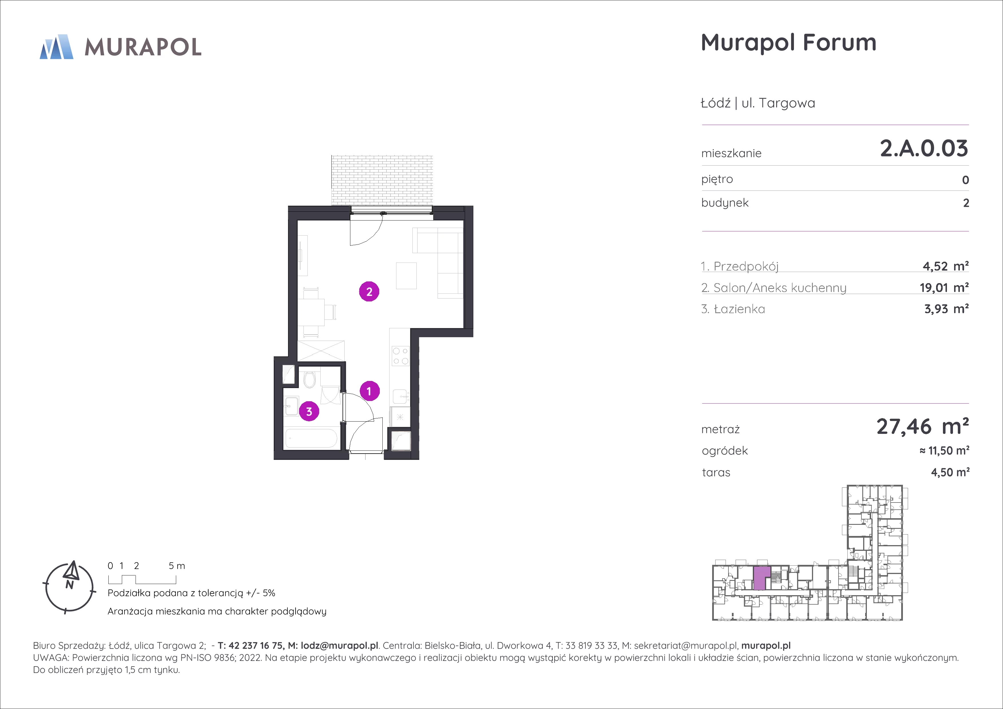 1 pokój, mieszkanie 27,46 m², parter, oferta nr 2.A.0.03, Murapol Forum, Łódź, Śródmieście, ul. Targowa