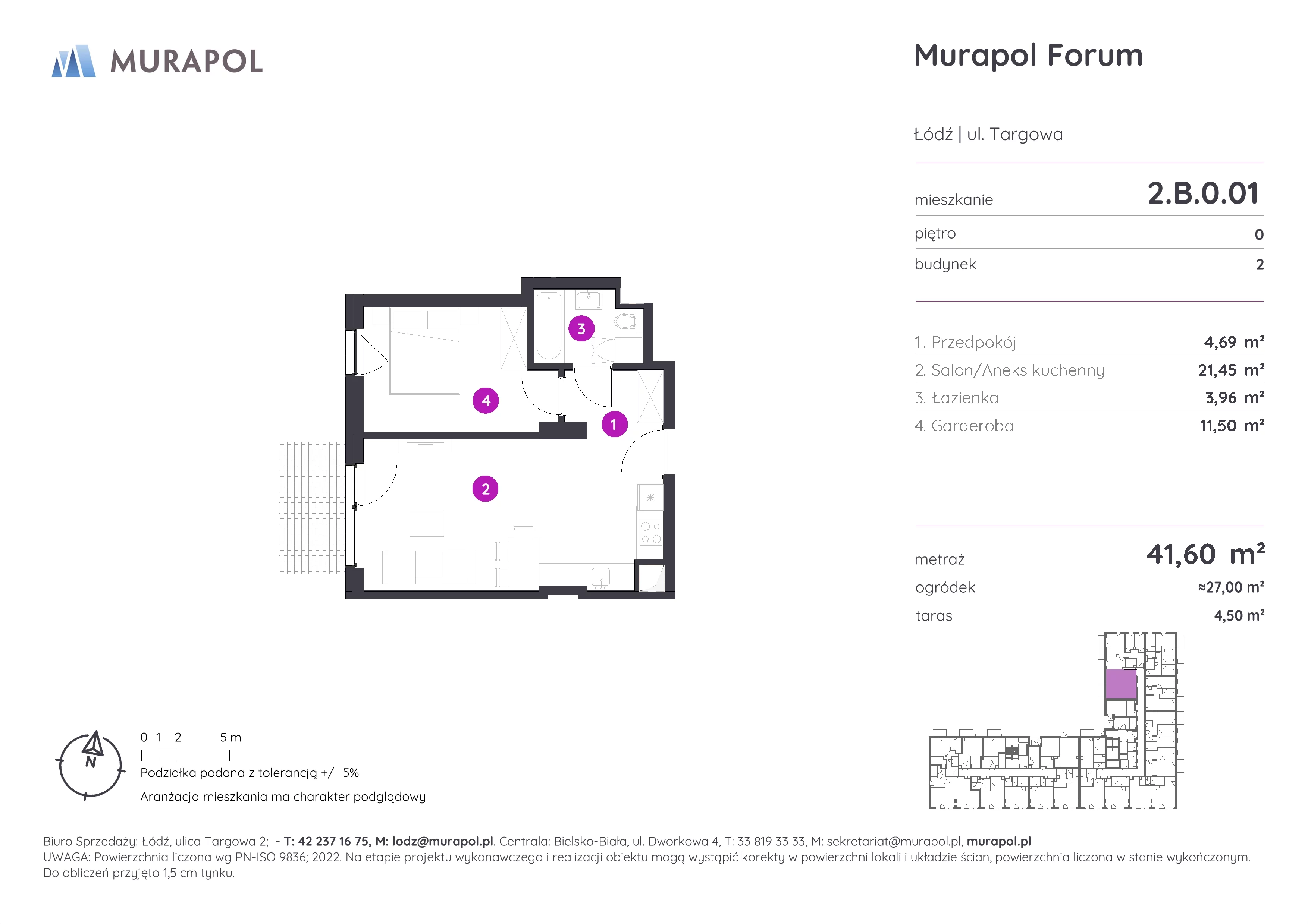 1 pokój, mieszkanie 41,60 m², parter, oferta nr 2.B.0.01, Murapol Forum, Łódź, Śródmieście, ul. Targowa