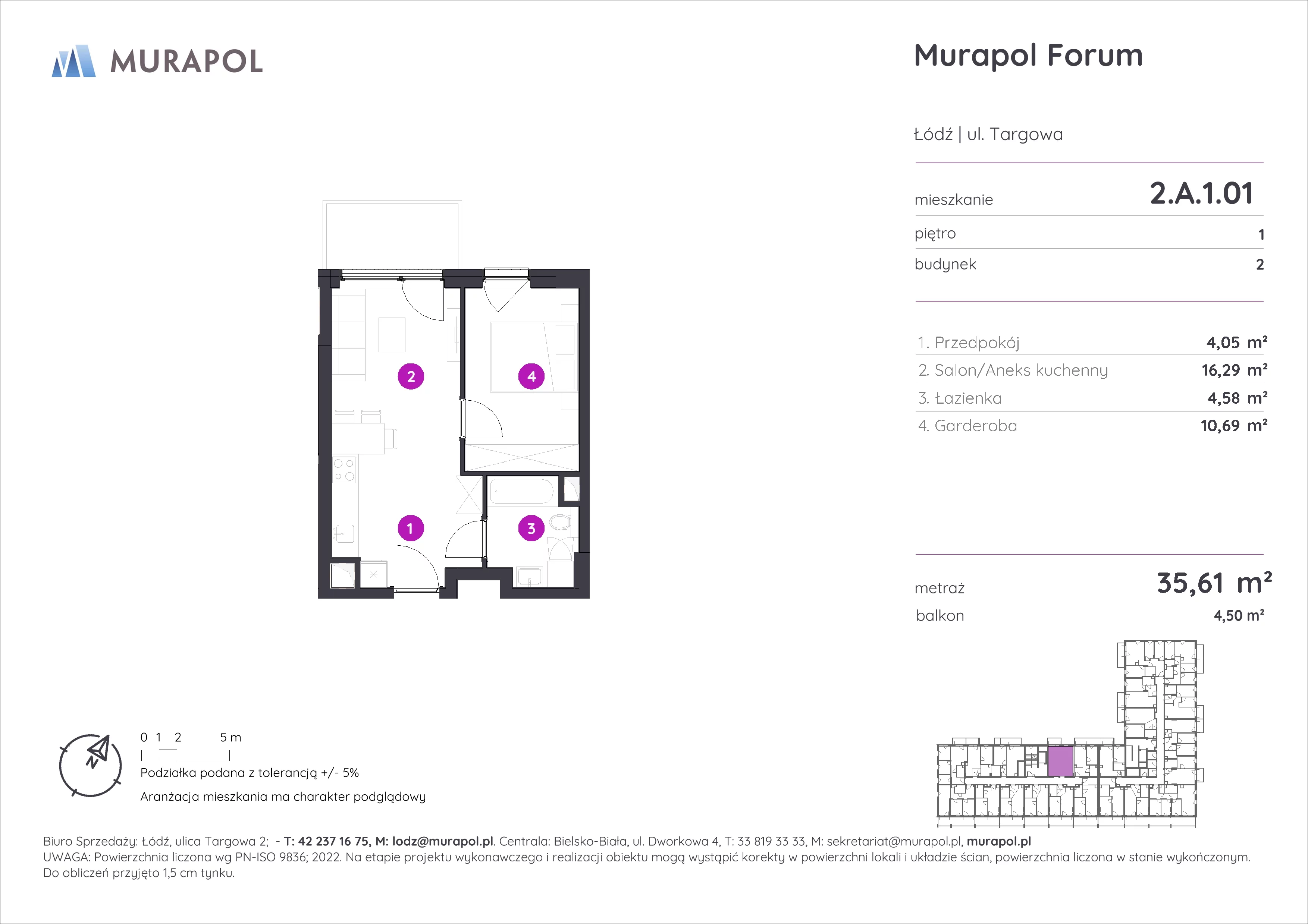 1 pokój, mieszkanie 35,61 m², piętro 1, oferta nr 2.A.1.01, Murapol Forum, Łódź, Śródmieście, ul. Targowa