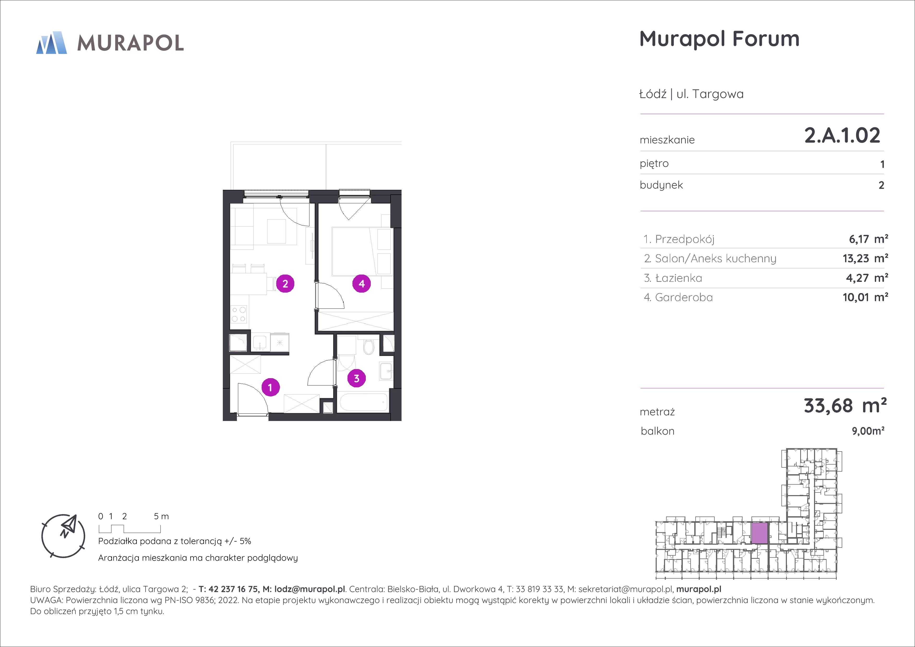 1 pokój, mieszkanie 33,68 m², piętro 1, oferta nr 2.A.1.02, Murapol Forum, Łódź, Śródmieście, ul. Targowa