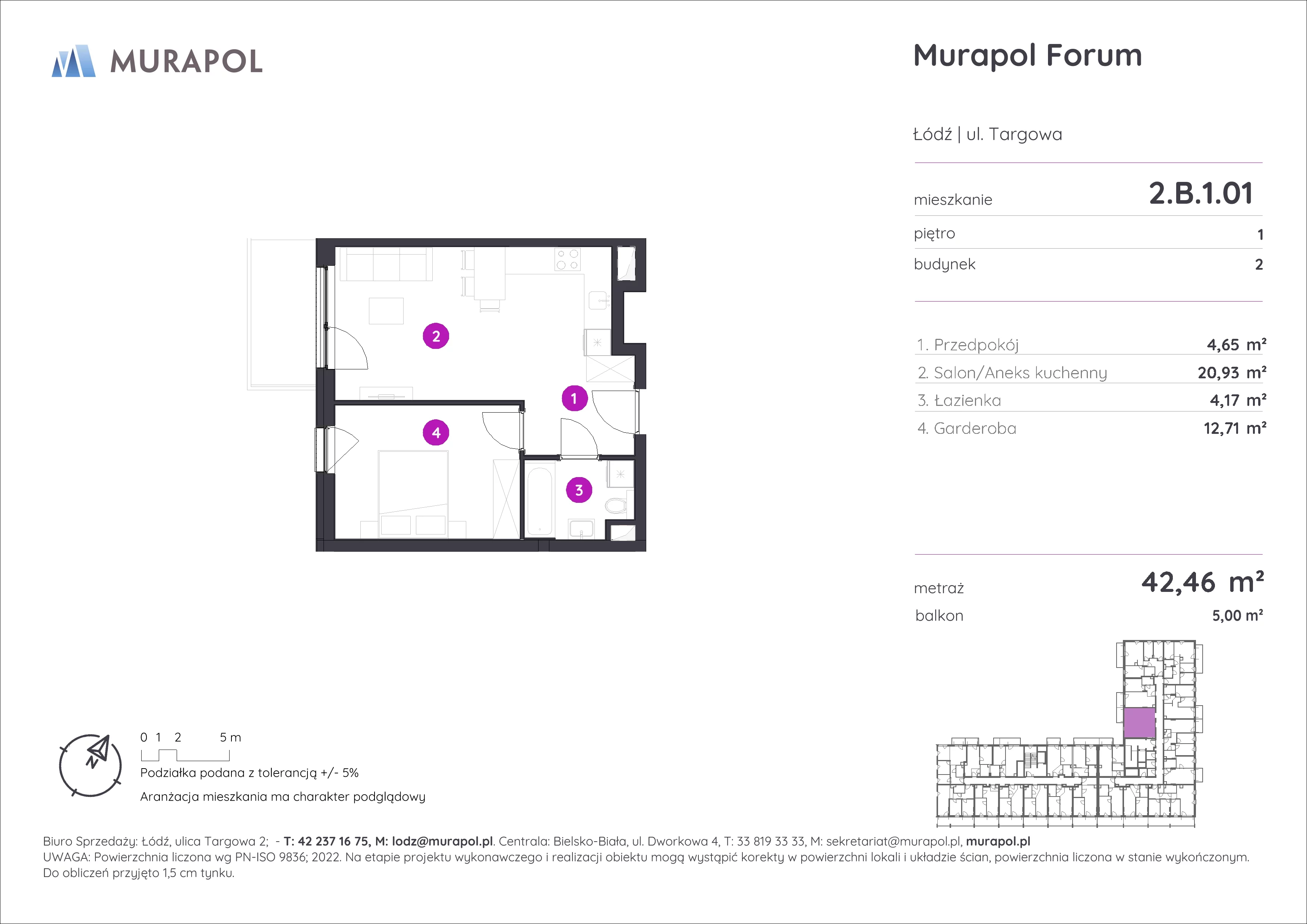 1 pokój, mieszkanie 42,46 m², piętro 1, oferta nr 2.B.1.01, Murapol Forum, Łódź, Śródmieście, ul. Targowa