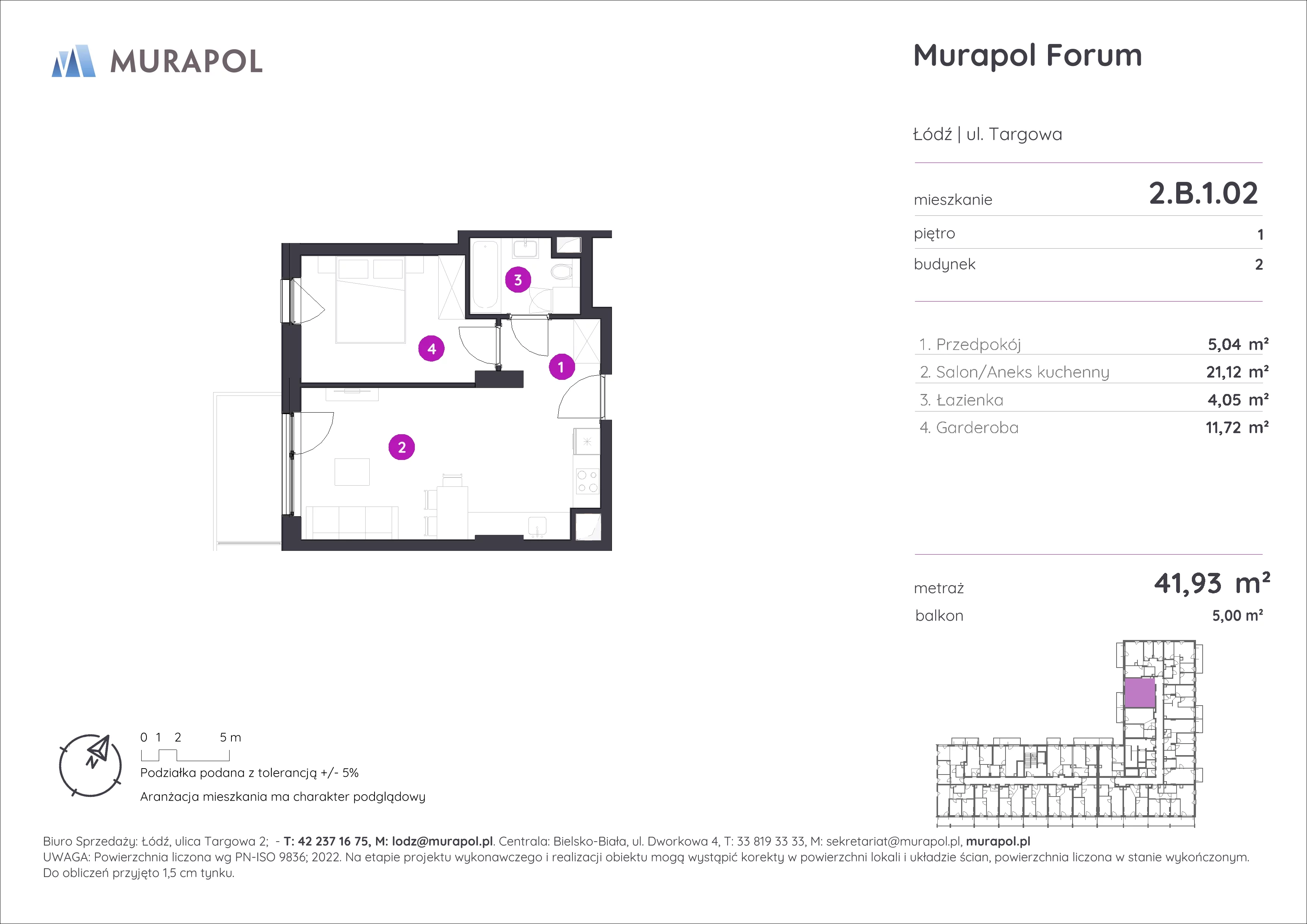 1 pokój, mieszkanie 41,93 m², piętro 1, oferta nr 2.B.1.02, Murapol Forum, Łódź, Śródmieście, ul. Targowa