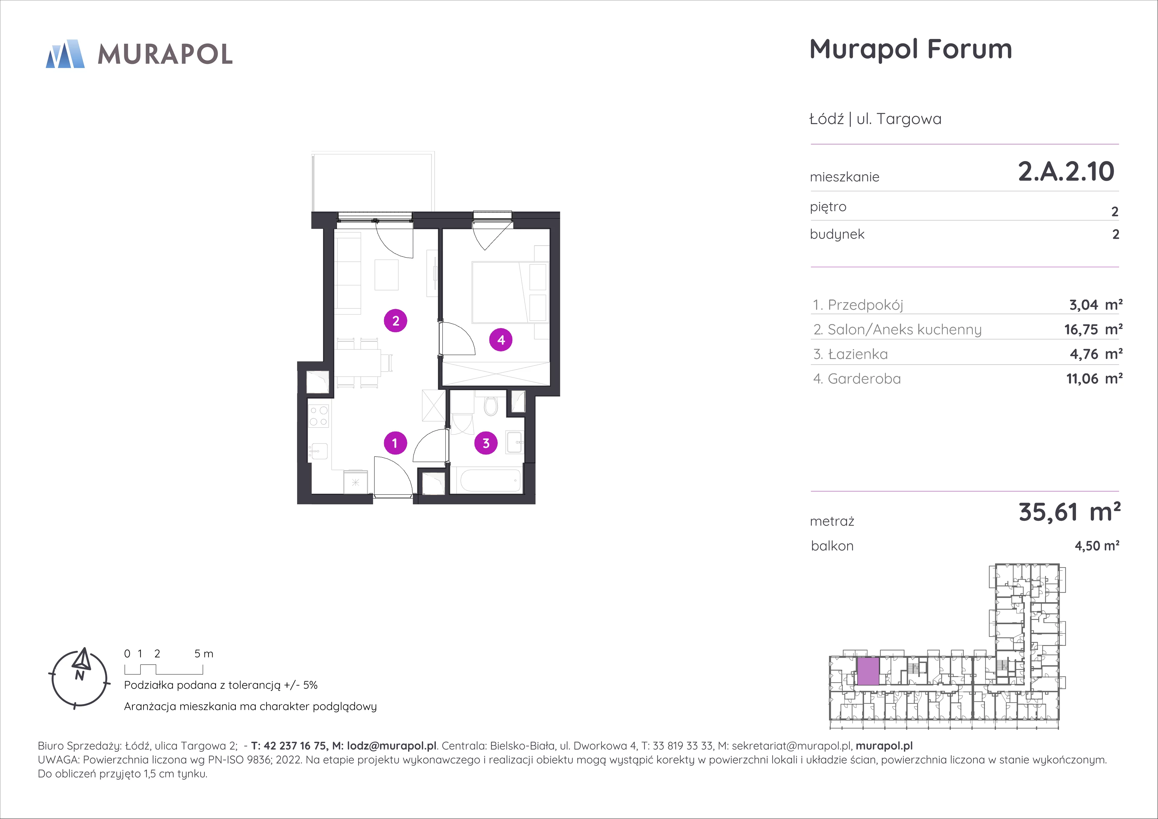 1 pokój, mieszkanie 35,61 m², piętro 2, oferta nr 2.A.2.10, Murapol Forum, Łódź, Śródmieście, ul. Targowa