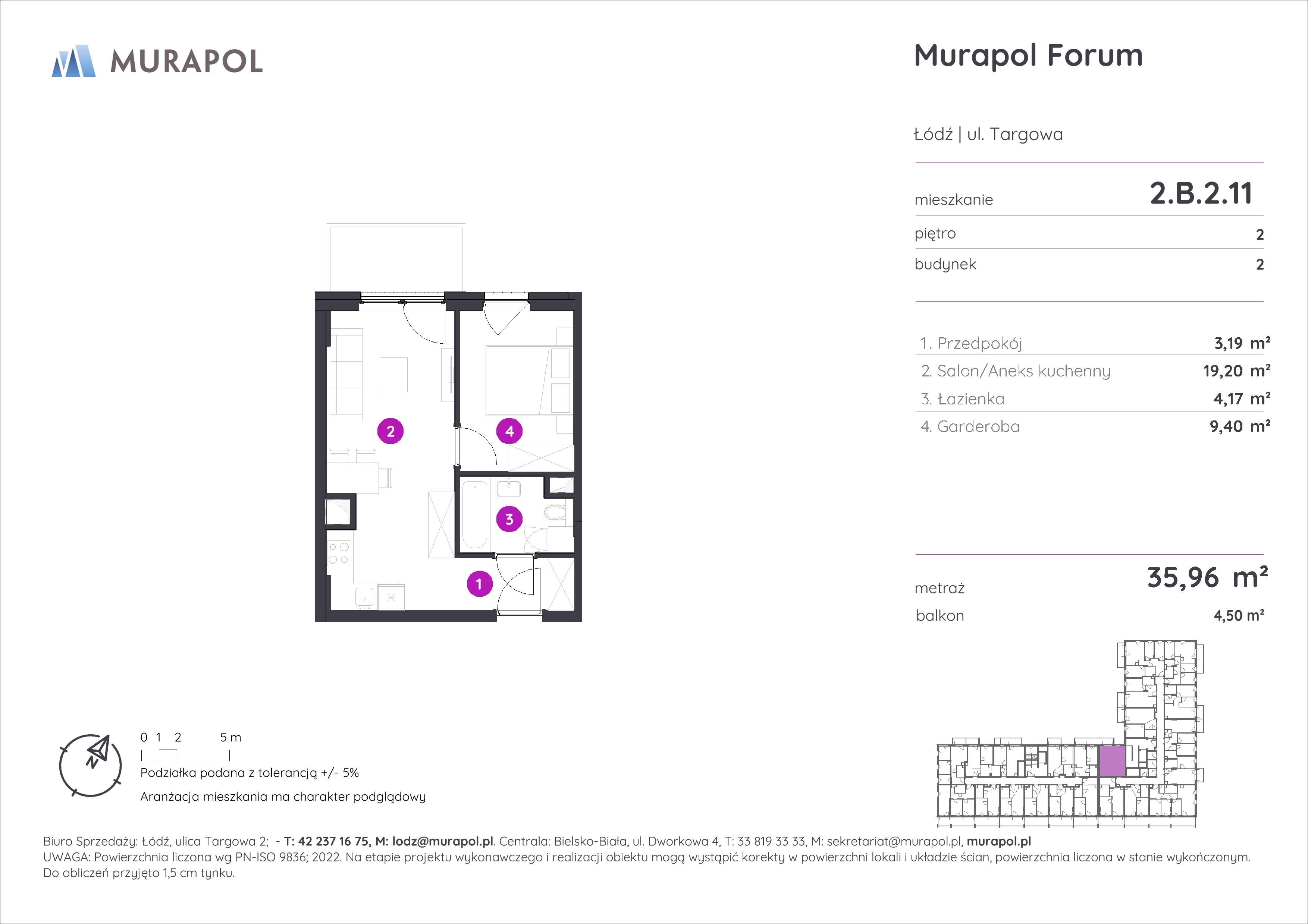 1 pokój, mieszkanie 35,96 m², piętro 2, oferta nr 2.B.2.11, Murapol Forum, Łódź, Śródmieście, ul. Targowa