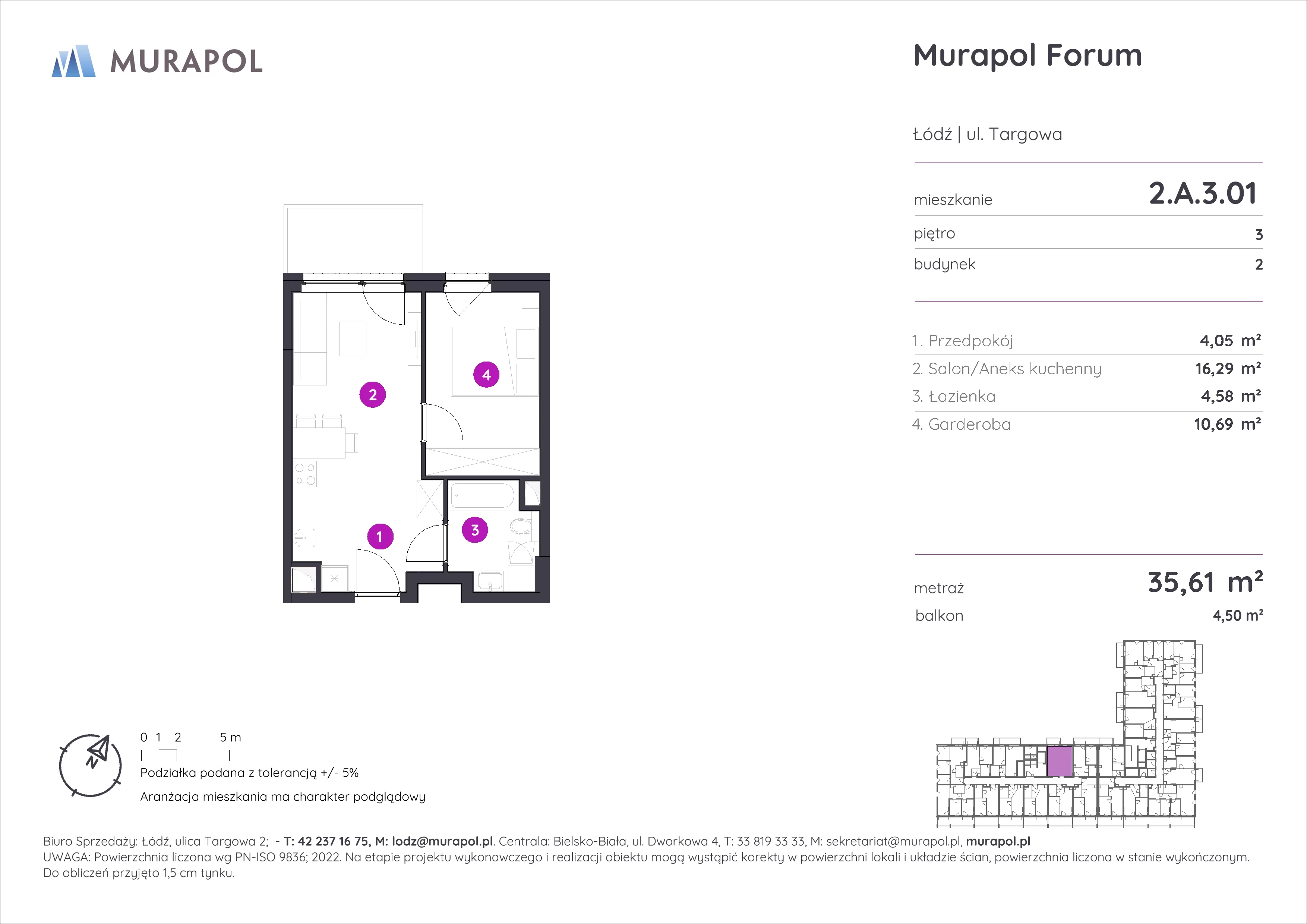 1 pokój, mieszkanie 35,61 m², piętro 3, oferta nr 2.A.3.01, Murapol Forum, Łódź, Śródmieście, ul. Targowa