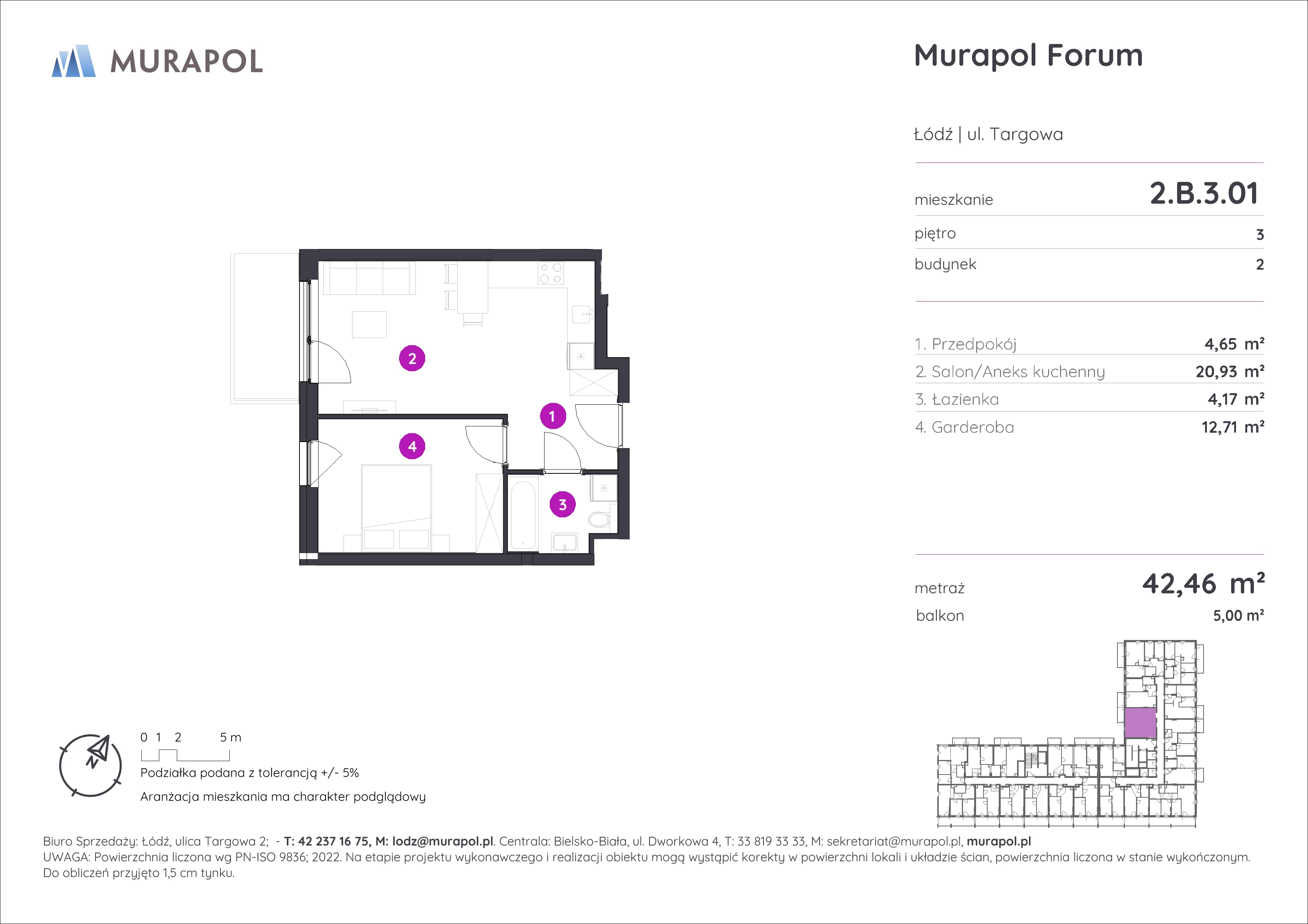 1 pokój, mieszkanie 42,46 m², piętro 3, oferta nr 2.B.3.01, Murapol Forum, Łódź, Śródmieście, ul. Targowa