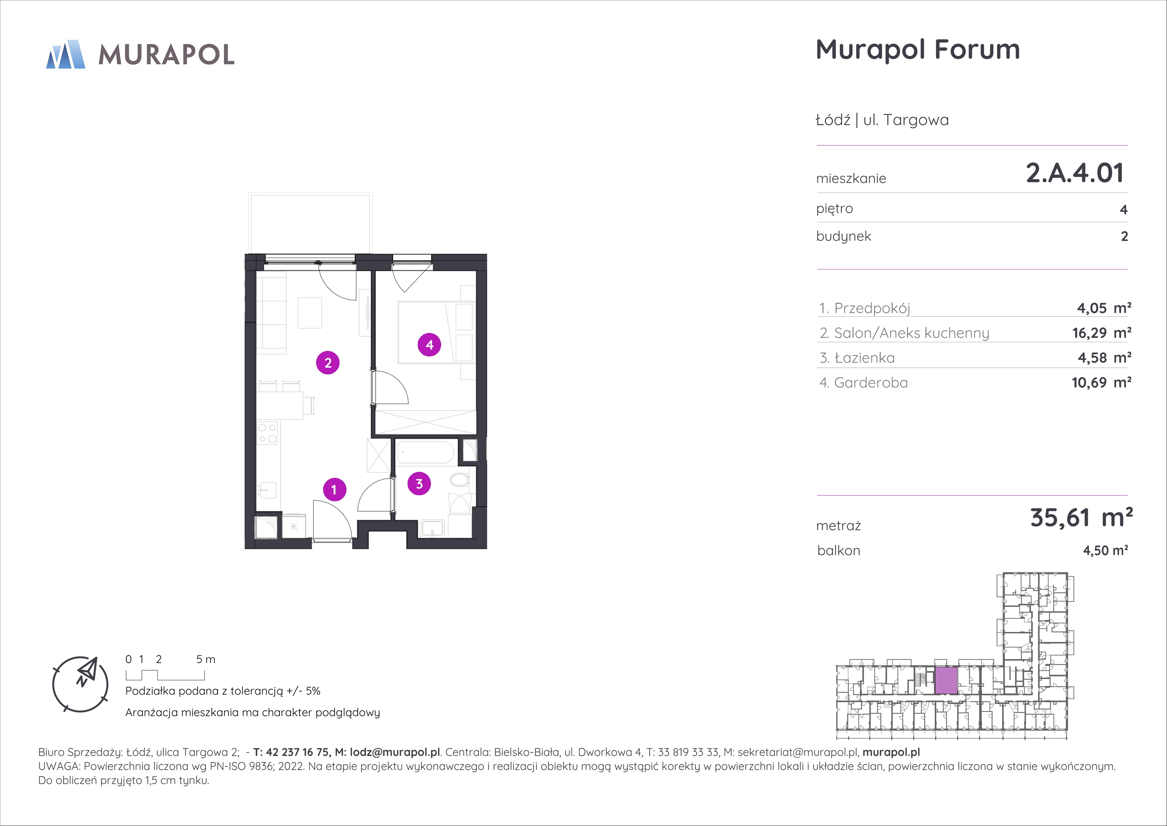 1 pokój, mieszkanie 35,61 m², piętro 4, oferta nr 2.A.4.01, Murapol Forum, Łódź, Śródmieście, ul. Targowa