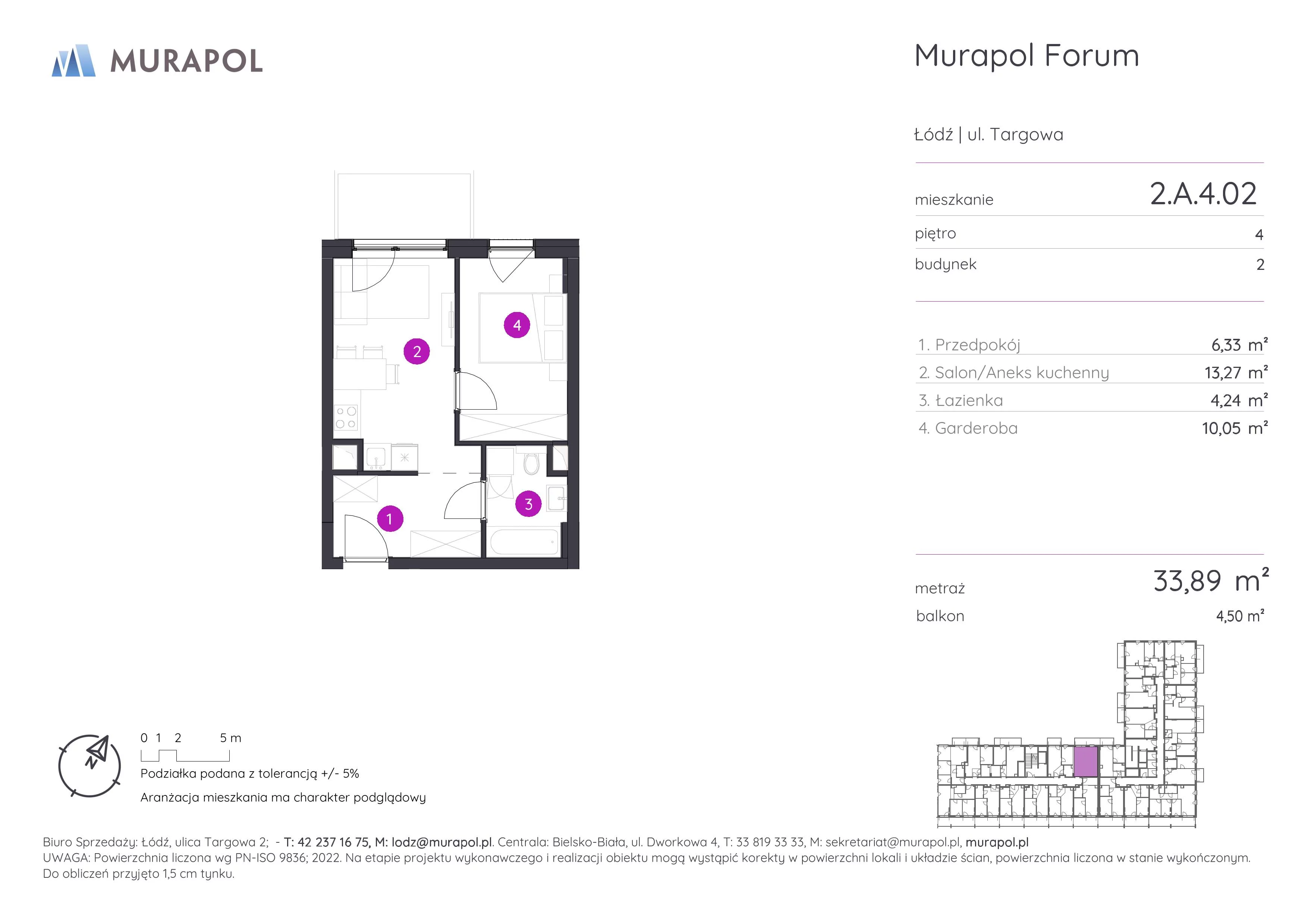 1 pokój, mieszkanie 33,89 m², piętro 4, oferta nr 2.A.4.02, Murapol Forum, Łódź, Śródmieście, ul. Targowa