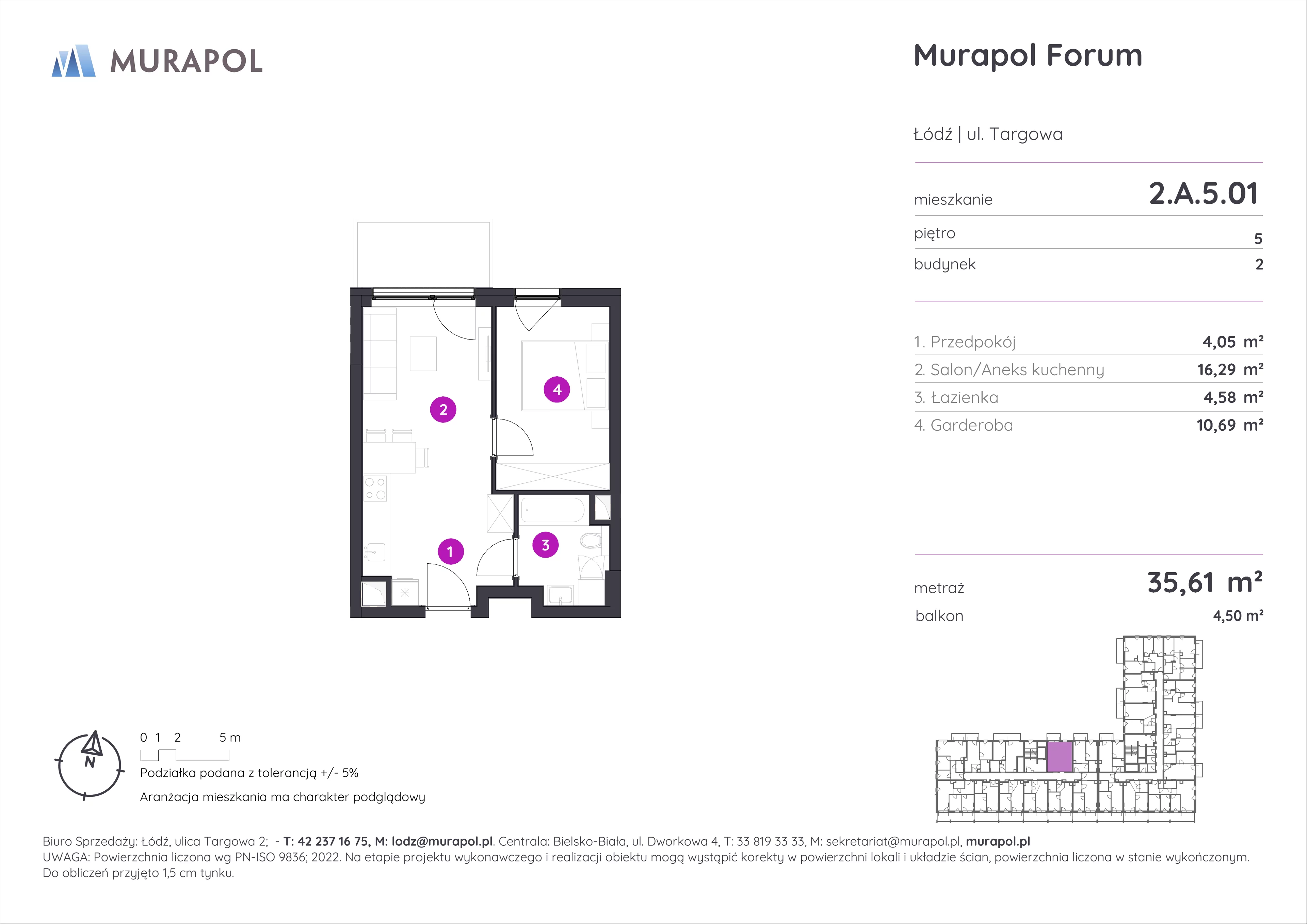 1 pokój, mieszkanie 35,61 m², piętro 5, oferta nr 2.A.5.01, Murapol Forum, Łódź, Śródmieście, ul. Targowa