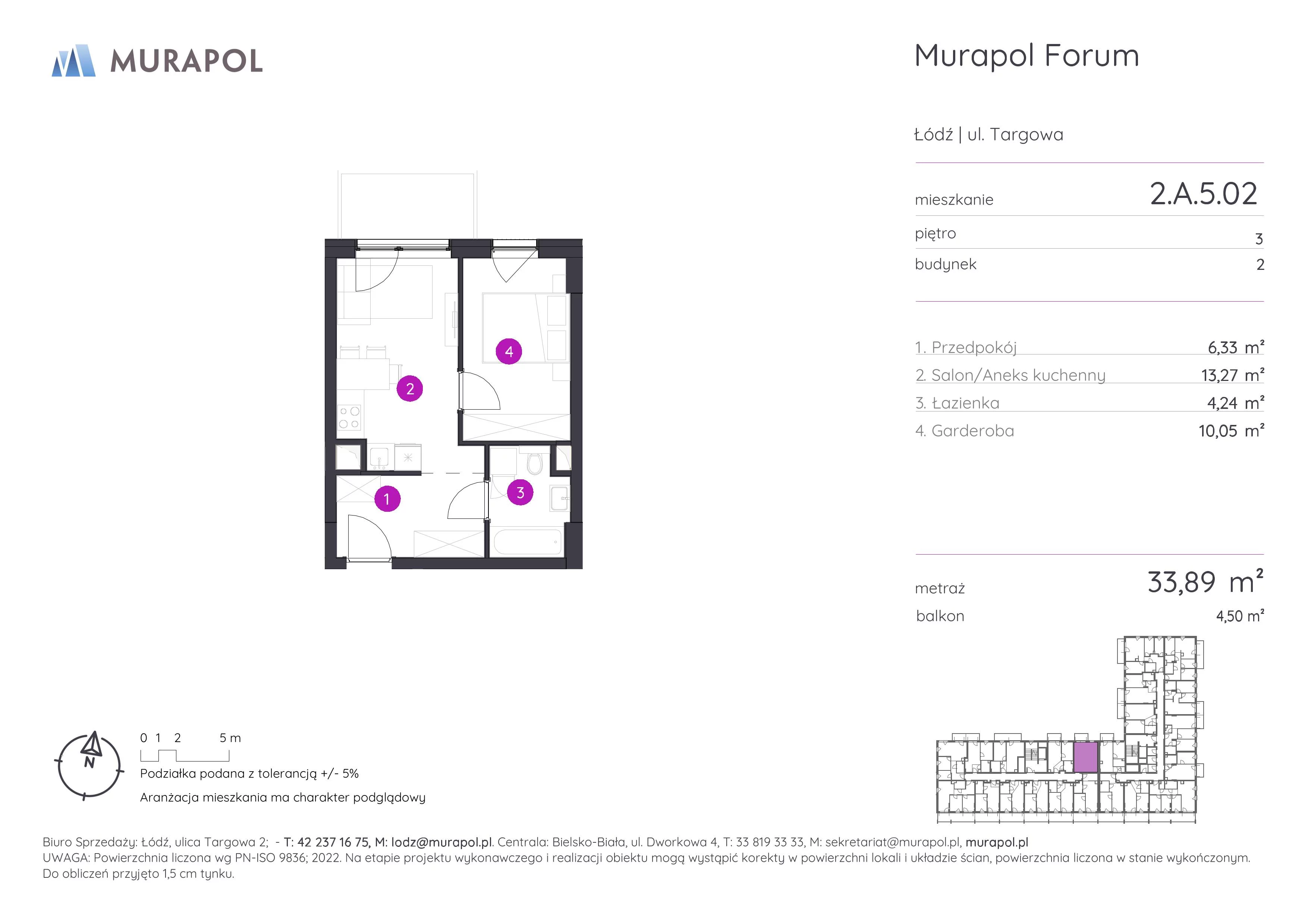 1 pokój, mieszkanie 33,89 m², piętro 5, oferta nr 2.A.5.02, Murapol Forum, Łódź, Śródmieście, ul. Targowa