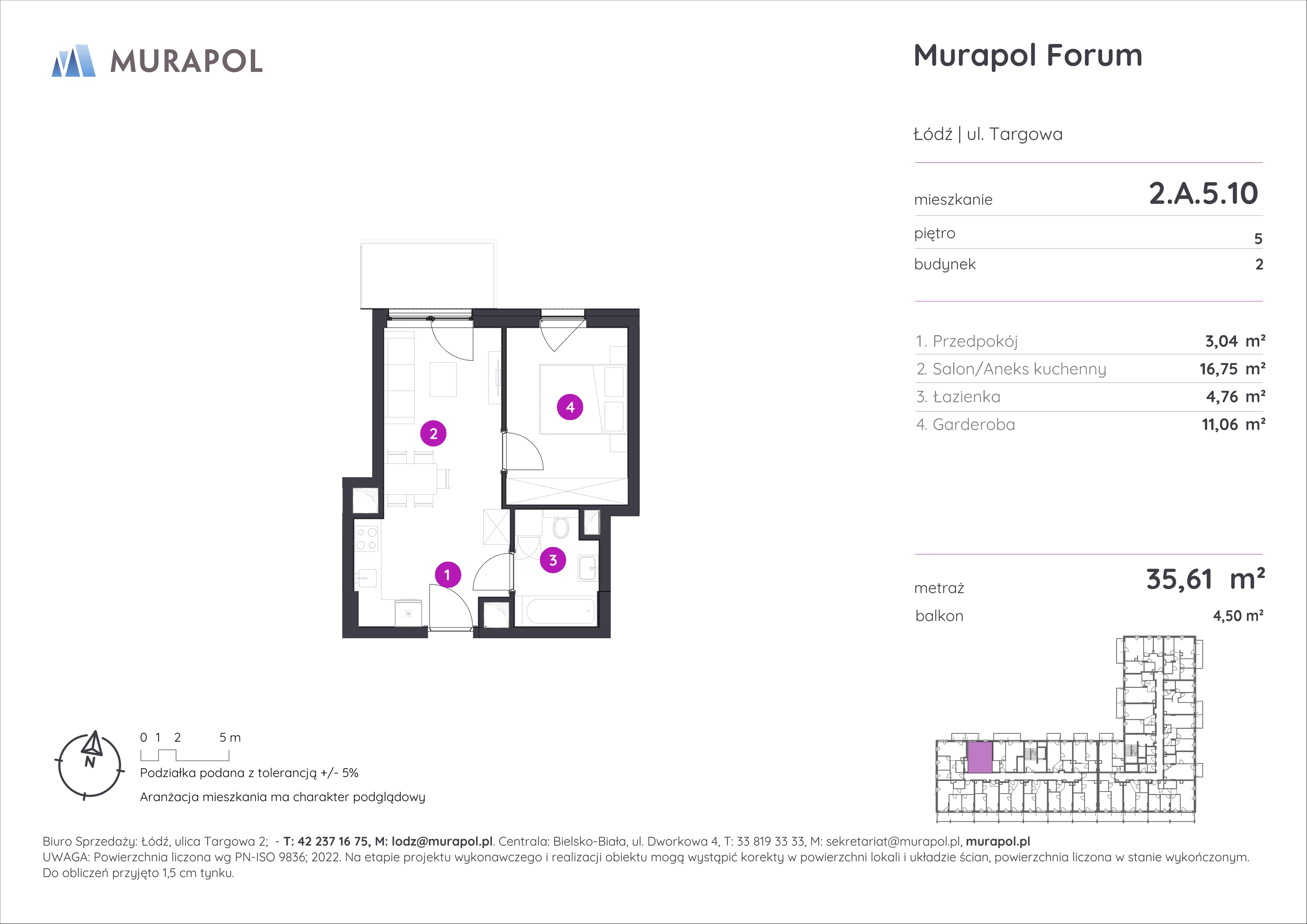 1 pokój, mieszkanie 35,61 m², piętro 5, oferta nr 2.A.5.10, Murapol Forum, Łódź, Śródmieście, ul. Targowa