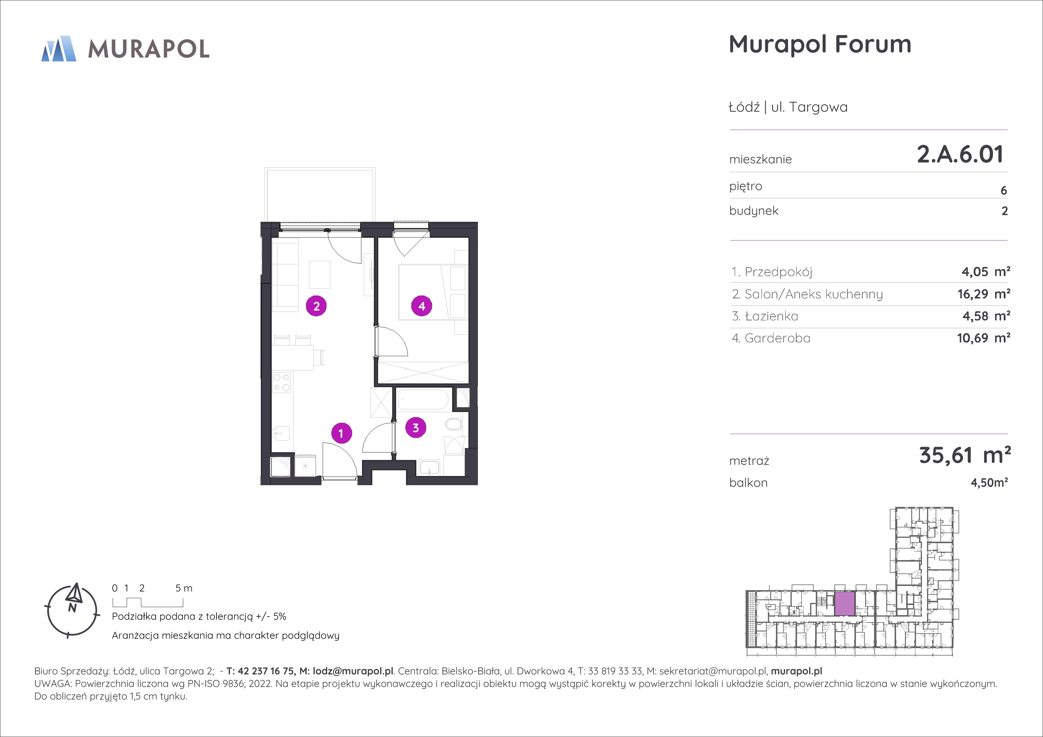 1 pokój, mieszkanie 35,61 m², piętro 6, oferta nr 2.A.6.01, Murapol Forum, Łódź, Śródmieście, ul. Targowa