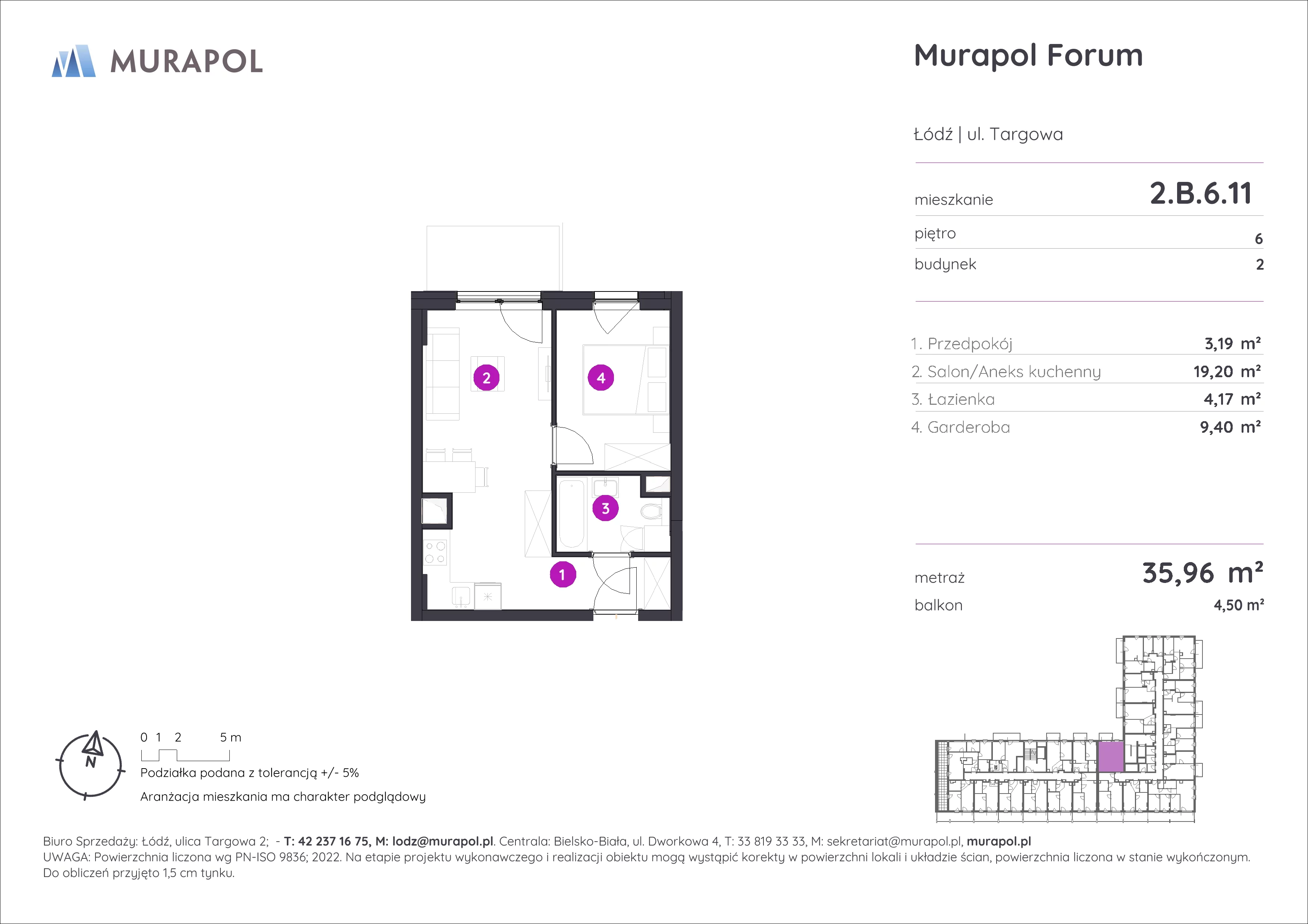 1 pokój, mieszkanie 35,96 m², piętro 6, oferta nr 2.B.6.11, Murapol Forum, Łódź, Śródmieście, ul. Targowa