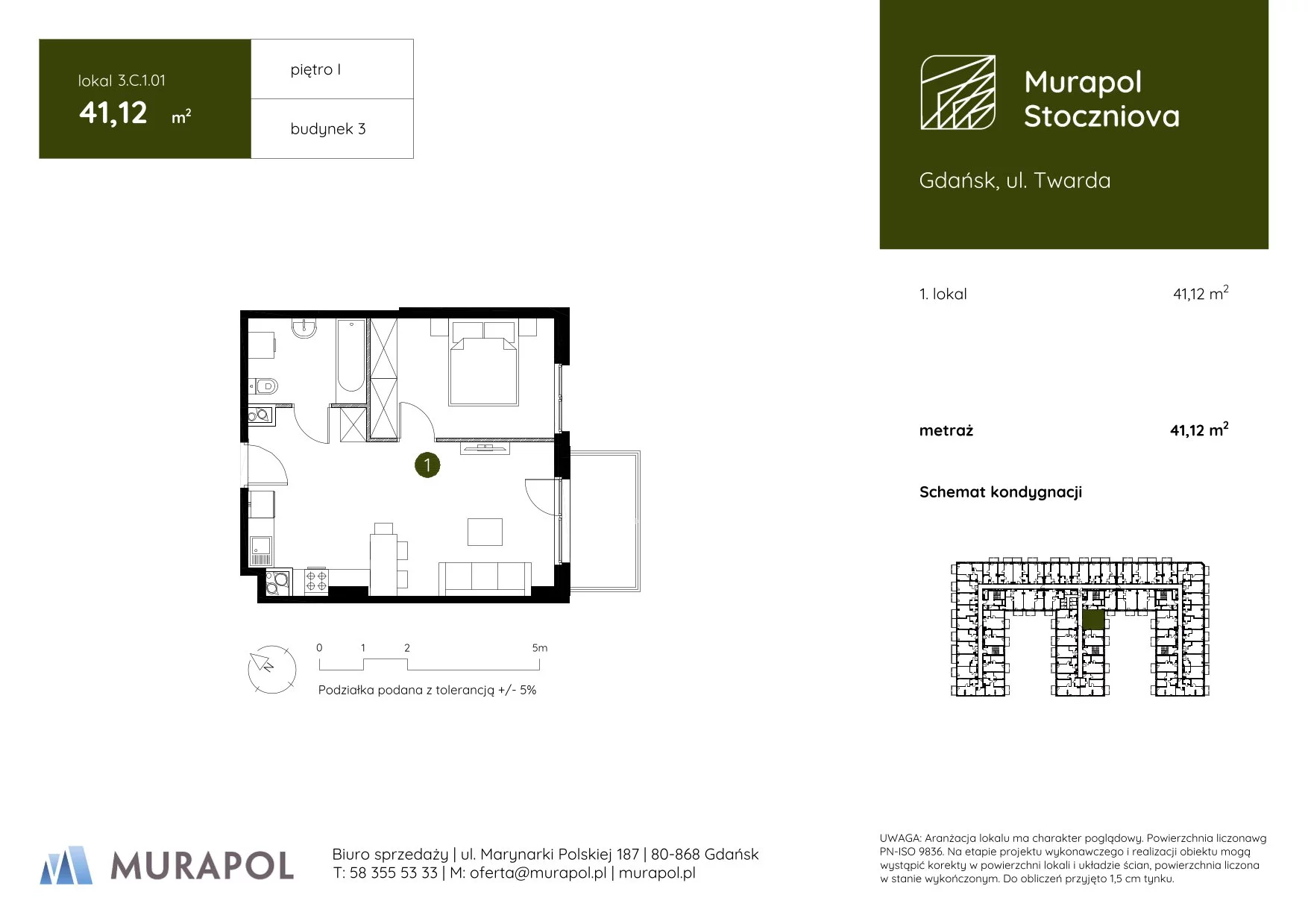 Apartament inwestycyjny 41,12 m², piętro 1, oferta nr 3.C.1.01, Murapol Stoczniova, Gdańsk, Młyniska, ul. Twarda