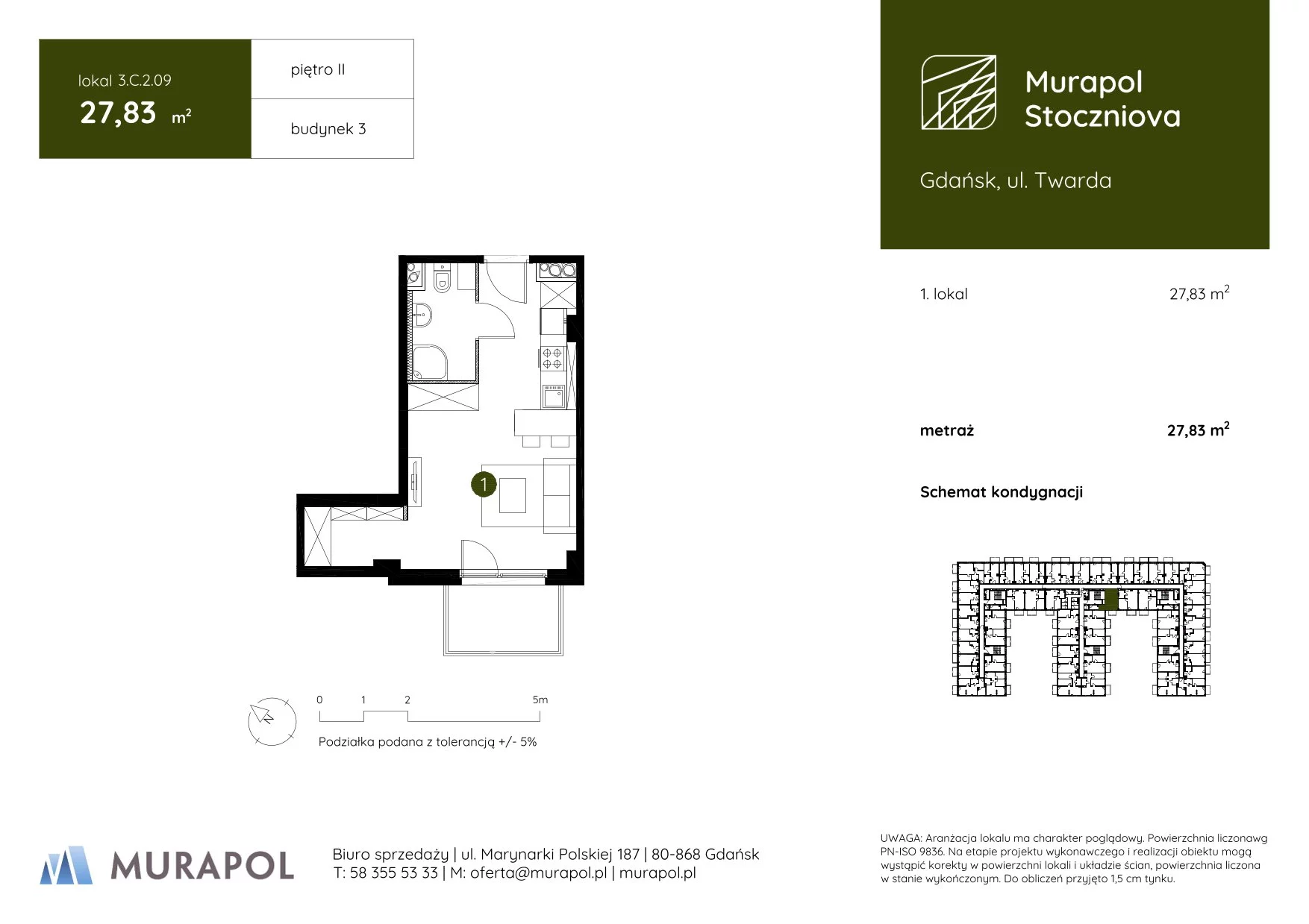 Apartament inwestycyjny 27,83 m², piętro 2, oferta nr 3.C.2.09, Murapol Stoczniova, Gdańsk, Młyniska, ul. Twarda