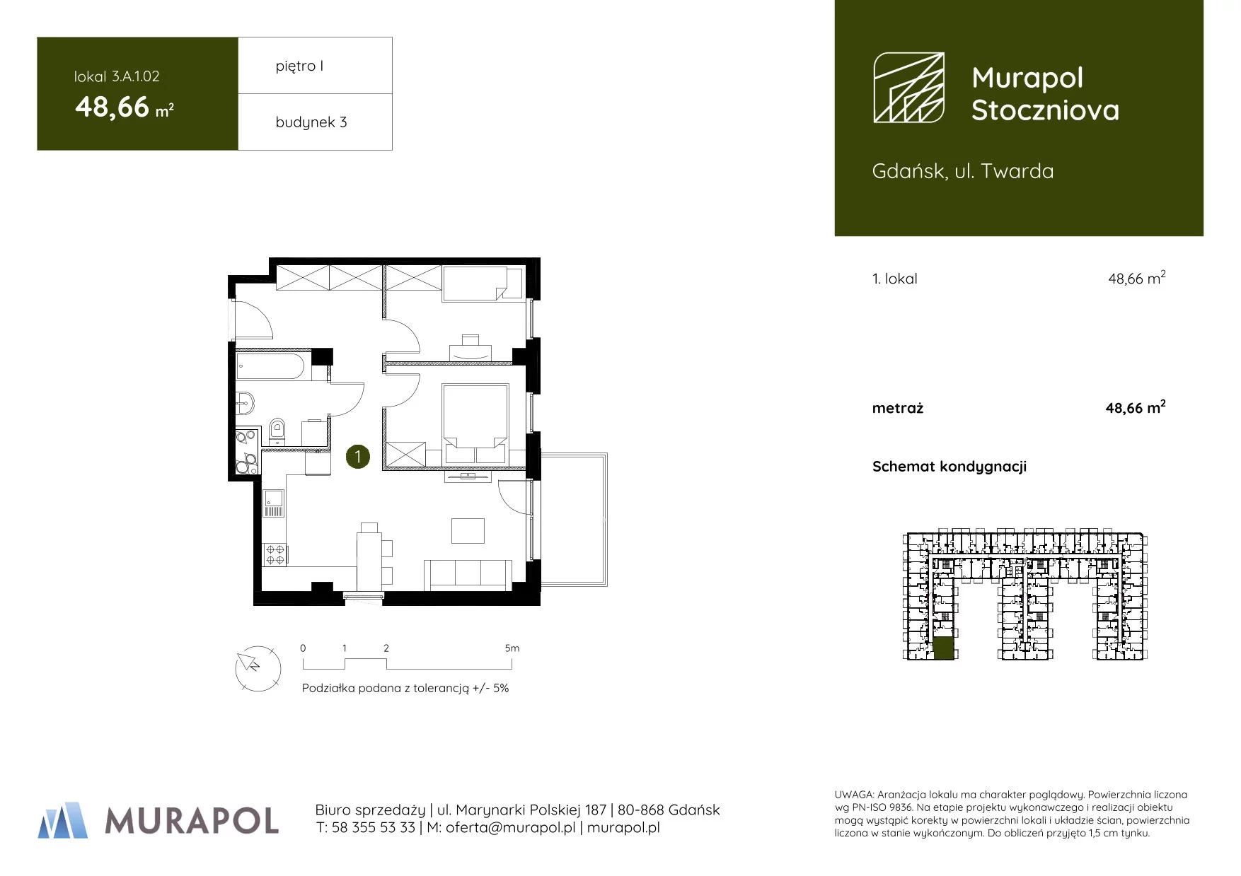 1 pokój, apartament inwestycyjny 48,66 m², piętro 1, oferta nr 3.A.1.02, Murapol Stoczniova, Gdańsk, Młyniska, ul. Twarda