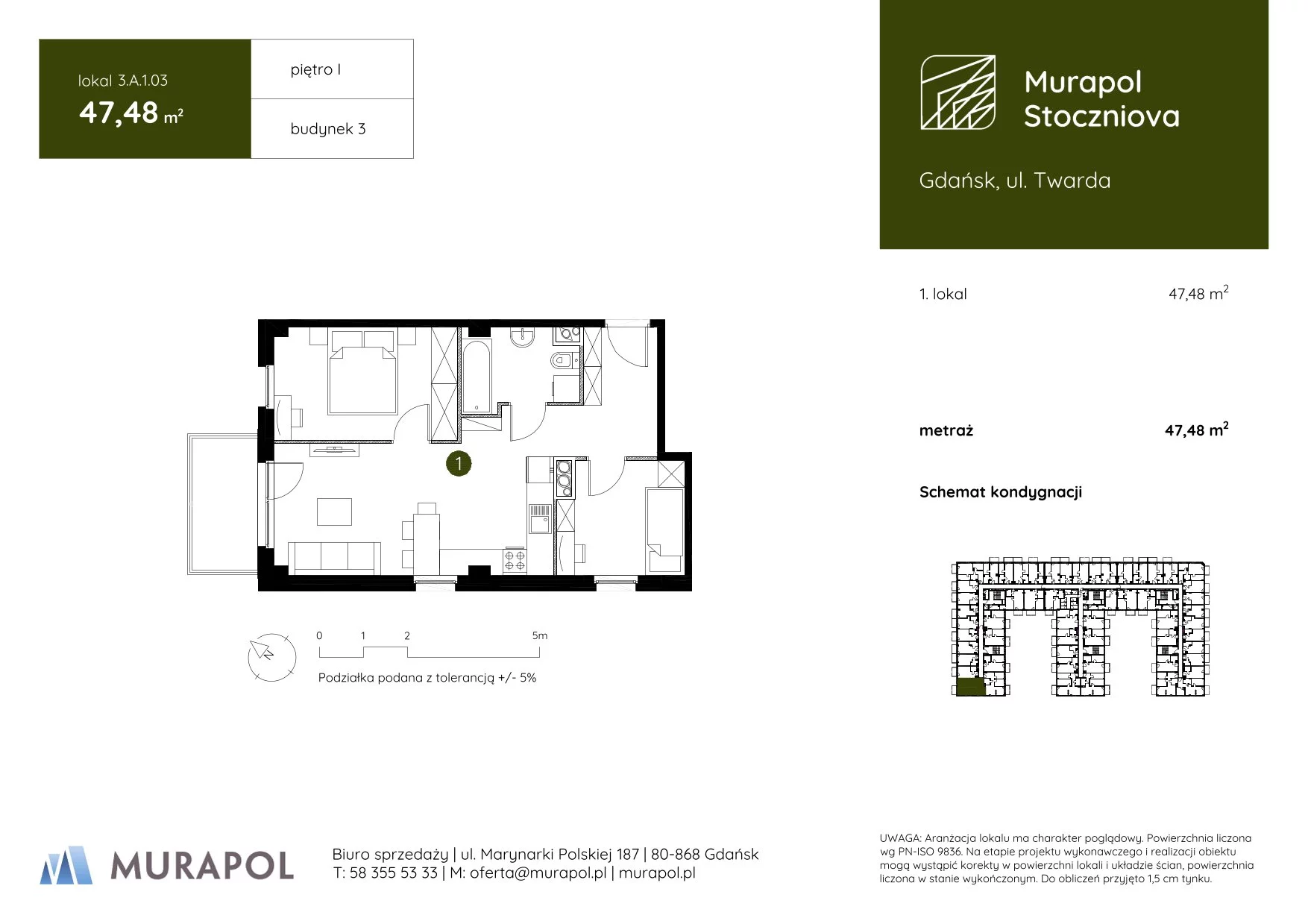 1 pokój, apartament inwestycyjny 47,48 m², piętro 1, oferta nr 3.A.1.03, Murapol Stoczniova, Gdańsk, Młyniska, ul. Twarda