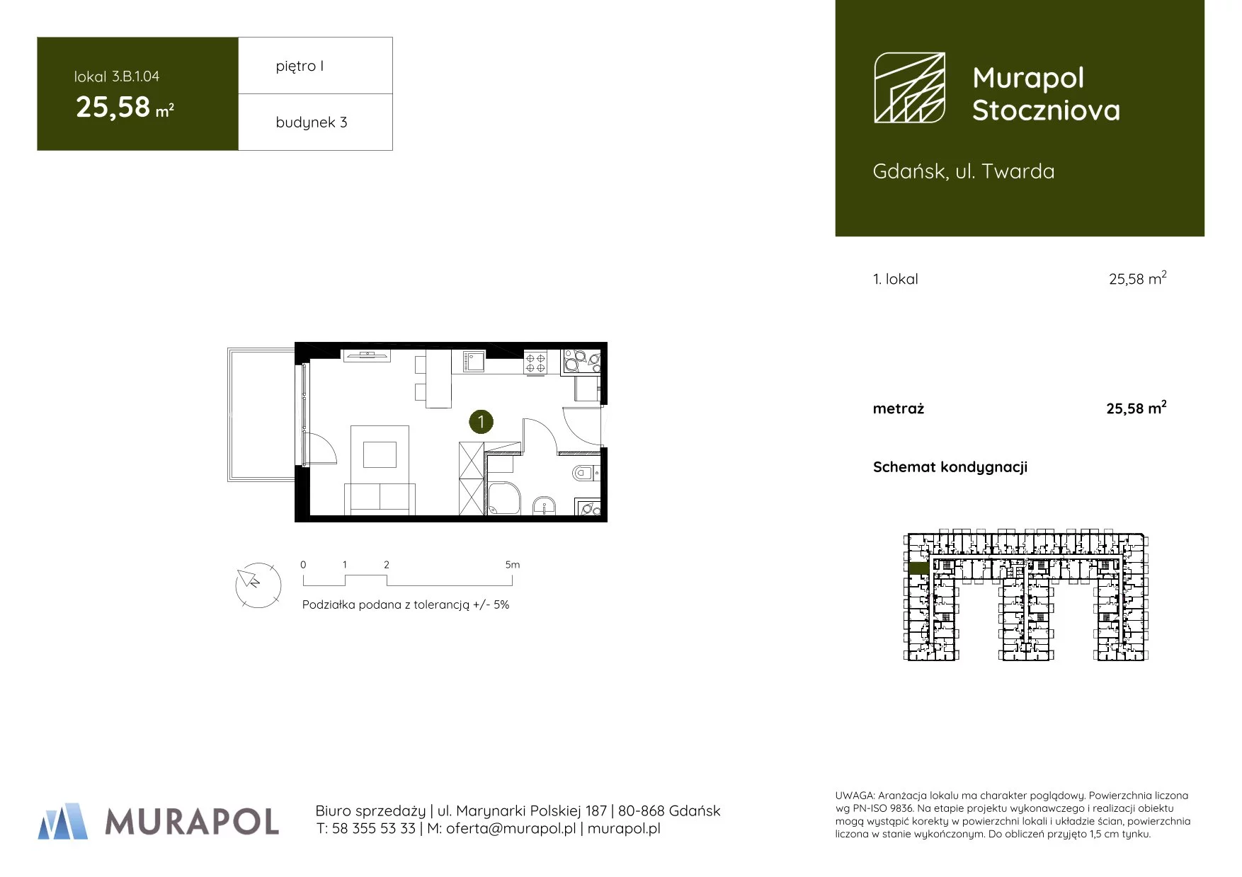 1 pokój, apartament inwestycyjny 25,58 m², piętro 1, oferta nr 3.B.1.04, Murapol Stoczniova, Gdańsk, Młyniska, ul. Twarda