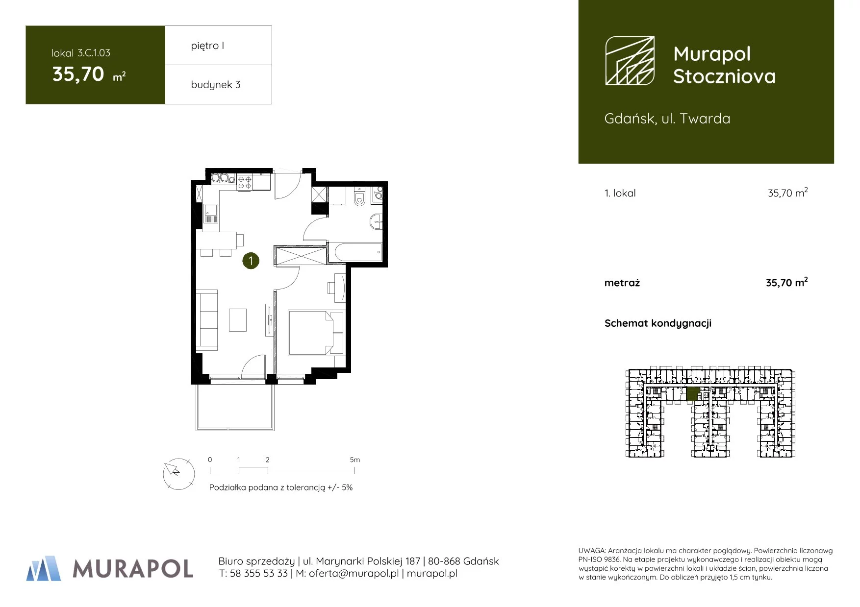 1 pokój, apartament inwestycyjny 35,70 m², piętro 1, oferta nr 3.C.1.03, Murapol Stoczniova, Gdańsk, Młyniska, ul. Twarda