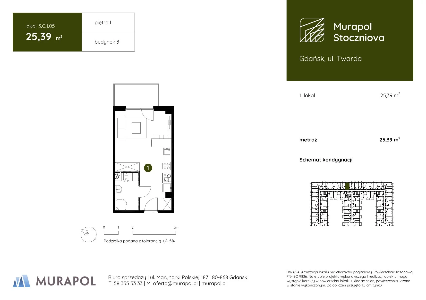 1 pokój, apartament inwestycyjny 25,39 m², piętro 1, oferta nr 3.C.1.05, Murapol Stoczniova, Gdańsk, Młyniska, ul. Twarda