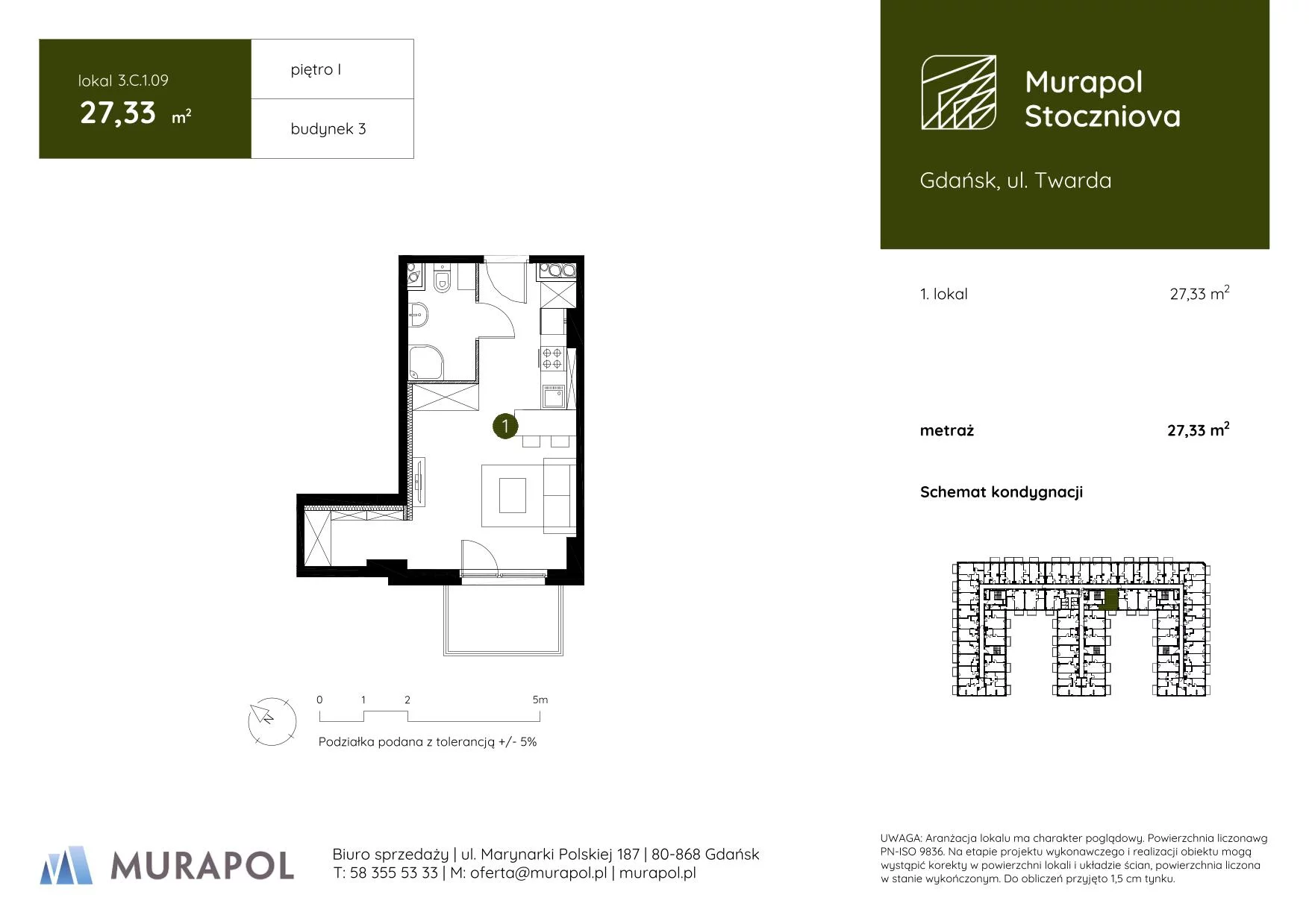 1 pokój, apartament inwestycyjny 27,33 m², piętro 1, oferta nr 3.C.1.09, Murapol Stoczniova, Gdańsk, Młyniska, ul. Twarda