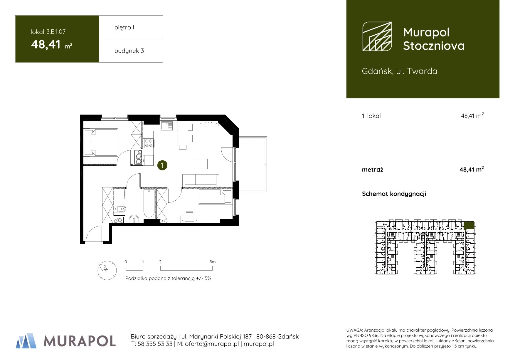 1 pokój, apartament inwestycyjny 48,41 m², piętro 1, oferta nr 3.E.1.07, Murapol Stoczniova, Gdańsk, Młyniska, ul. Twarda
