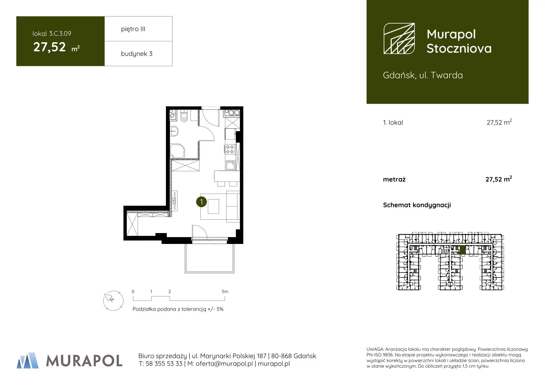 1 pokój, apartament inwestycyjny 27,52 m², piętro 3, oferta nr 3.C.3.09, Murapol Stoczniova, Gdańsk, Młyniska, ul. Twarda
