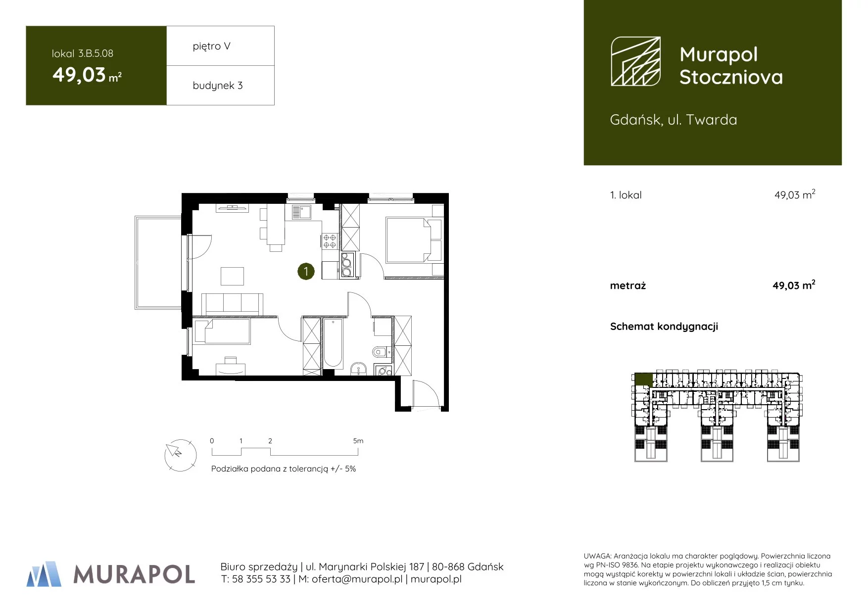 1 pokój, apartament inwestycyjny 49,03 m², piętro 5, oferta nr 3.B.5.08, Murapol Stoczniova, Gdańsk, Młyniska, ul. Twarda