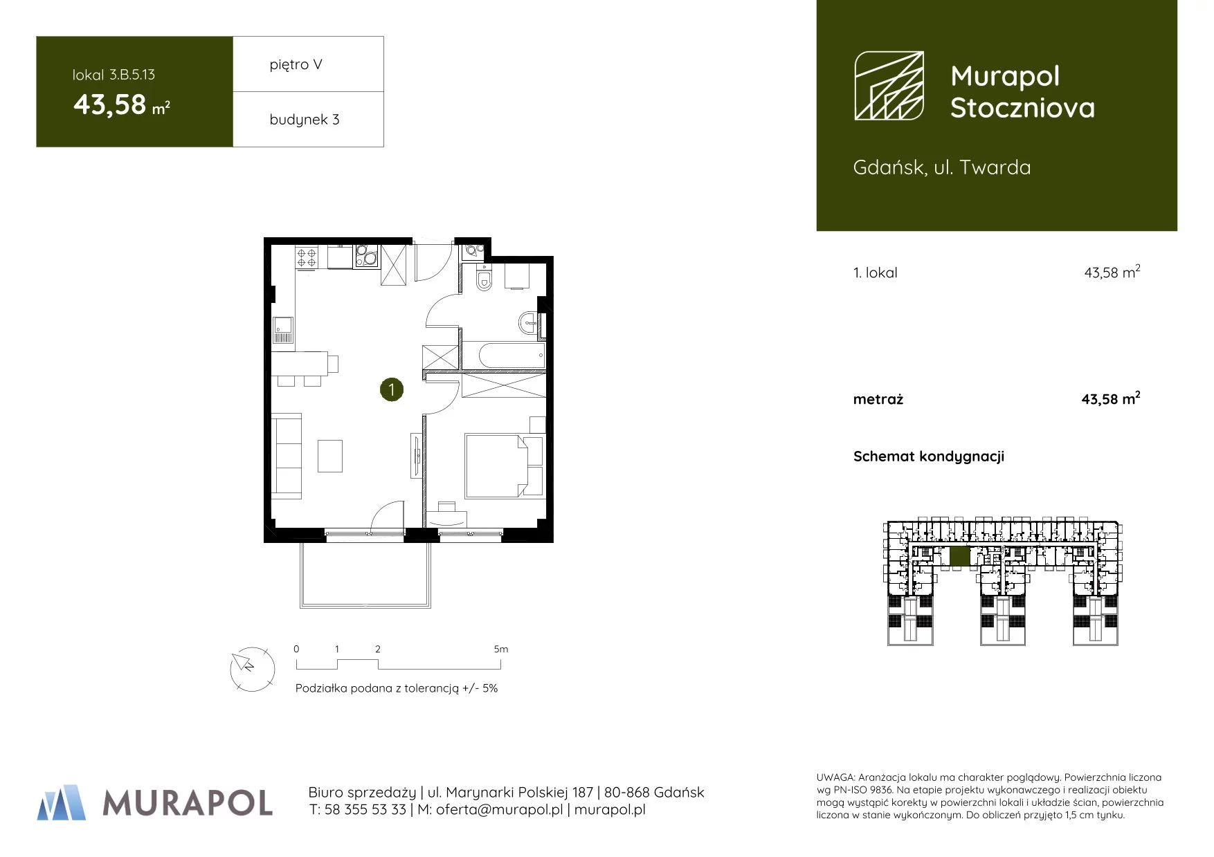 1 pokój, apartament inwestycyjny 43,58 m², piętro 5, oferta nr 3.B.5.13, Murapol Stoczniova, Gdańsk, Młyniska, ul. Twarda