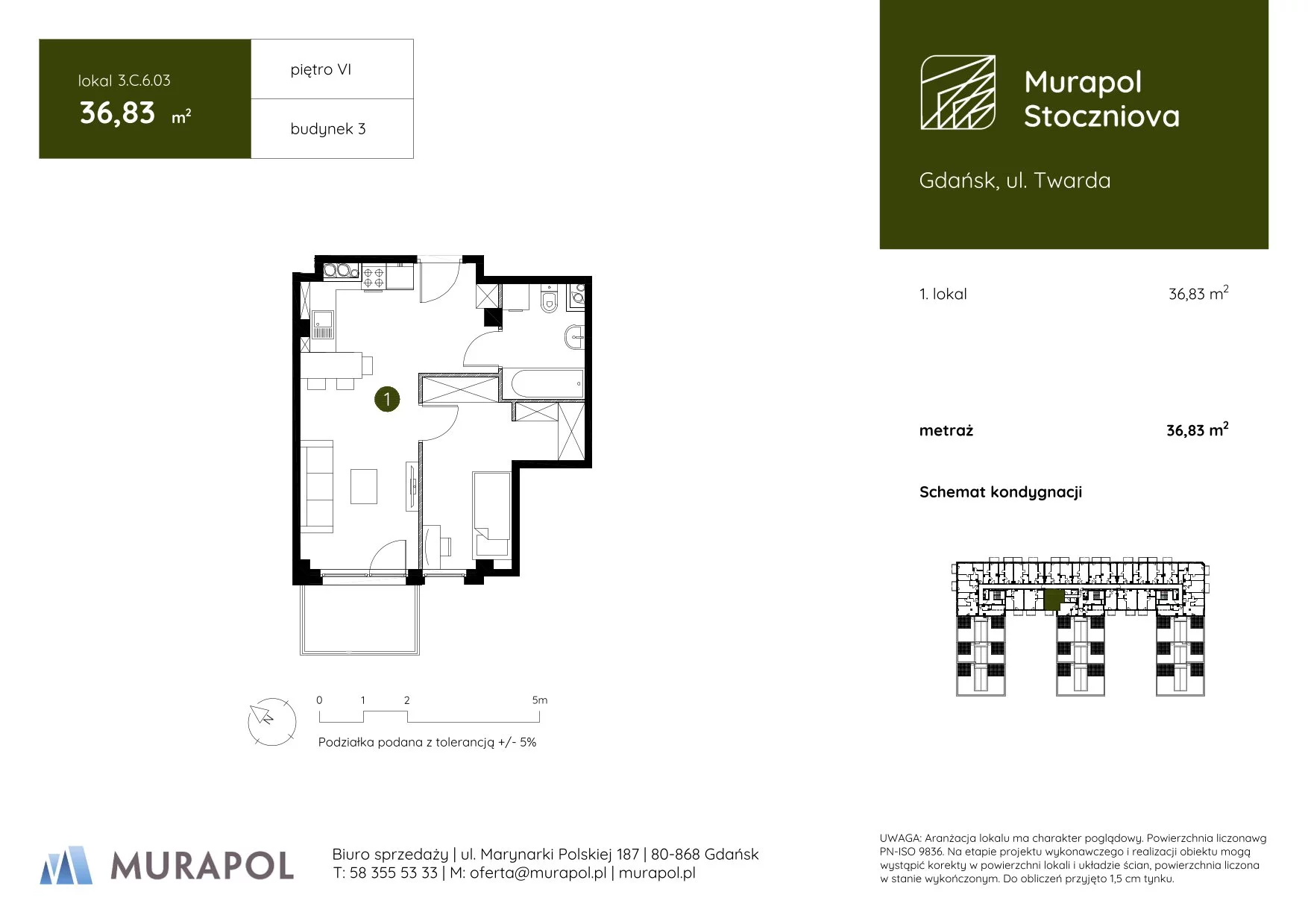 1 pokój, apartament inwestycyjny 36,83 m², piętro 6, oferta nr 3.C.6.03, Murapol Stoczniova, Gdańsk, Młyniska, ul. Twarda