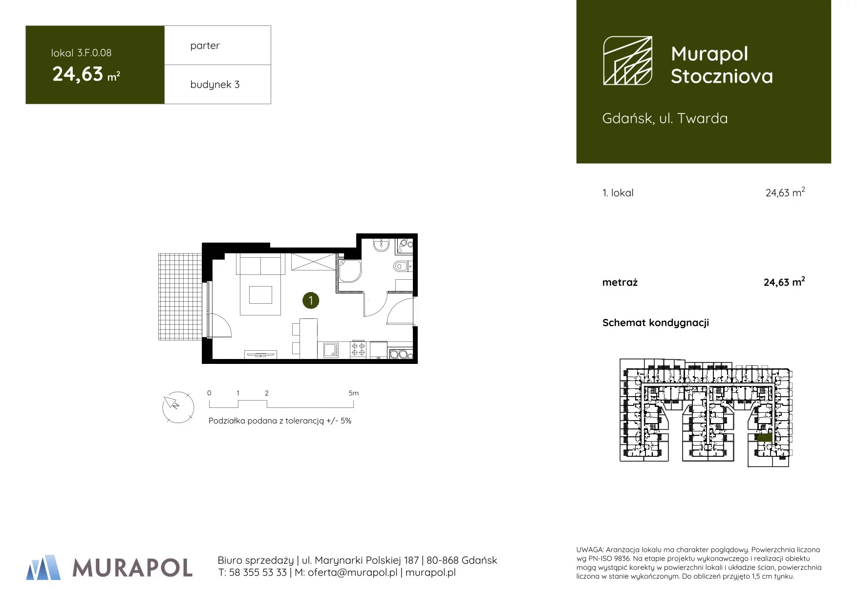 1 pokój, mieszkanie 24,63 m², parter, oferta nr 3.F.0.08, Murapol Stoczniova, Gdańsk, Młyniska, ul. Twarda