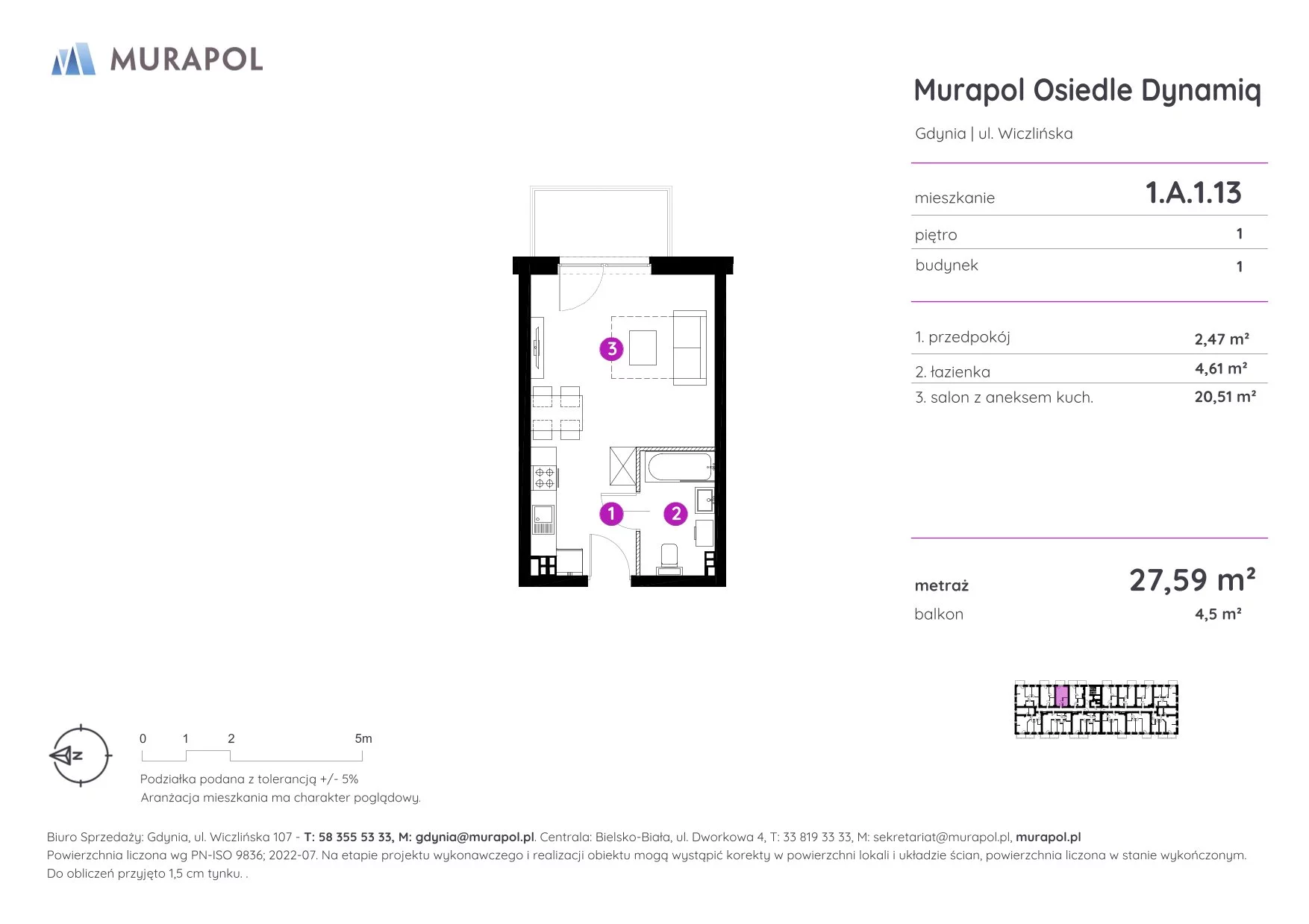 Mieszkanie 27,59 m², piętro 1, oferta nr 1.A.1.13, Murapol Osiedle Dynamiq, Gdynia, Chwarzno-Wiczlino, ul. Wiczlińska