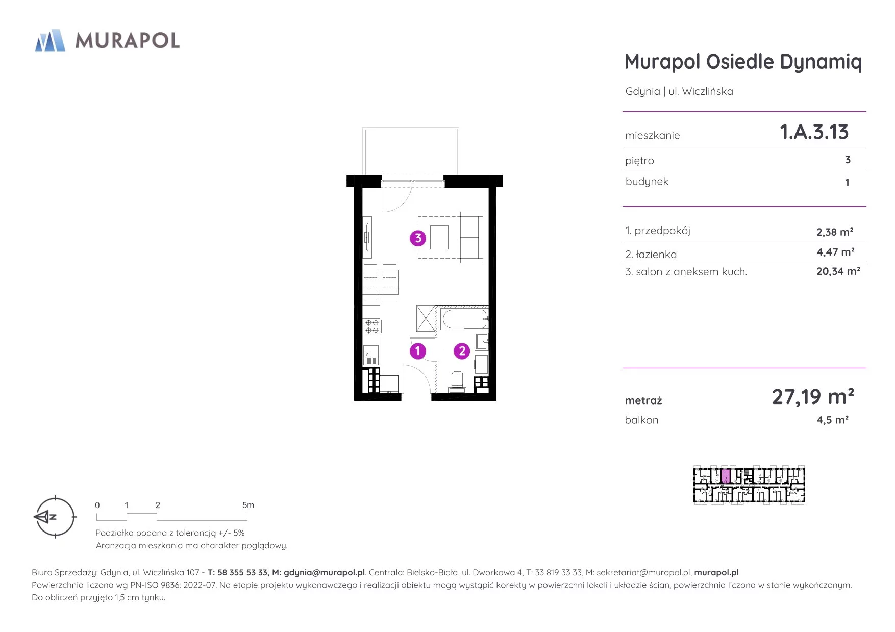 Mieszkanie 27,19 m², piętro 3, oferta nr 1.A.3.13, Murapol Osiedle Dynamiq, Gdynia, Chwarzno-Wiczlino, ul. Wiczlińska