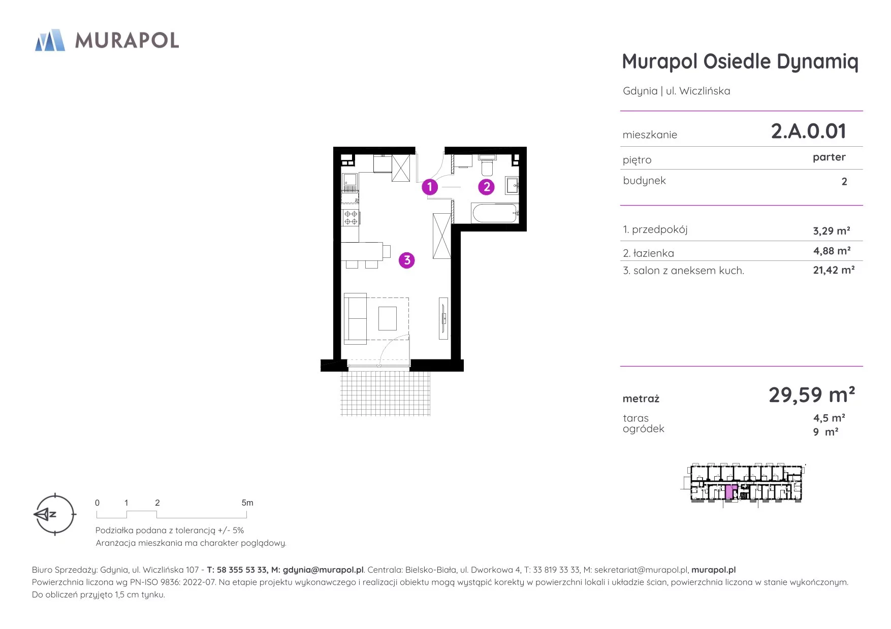 Mieszkanie 29,59 m², parter, oferta nr 2.A.0.01, Murapol Osiedle Dynamiq, Gdynia, Chwarzno-Wiczlino, ul. Wiczlińska