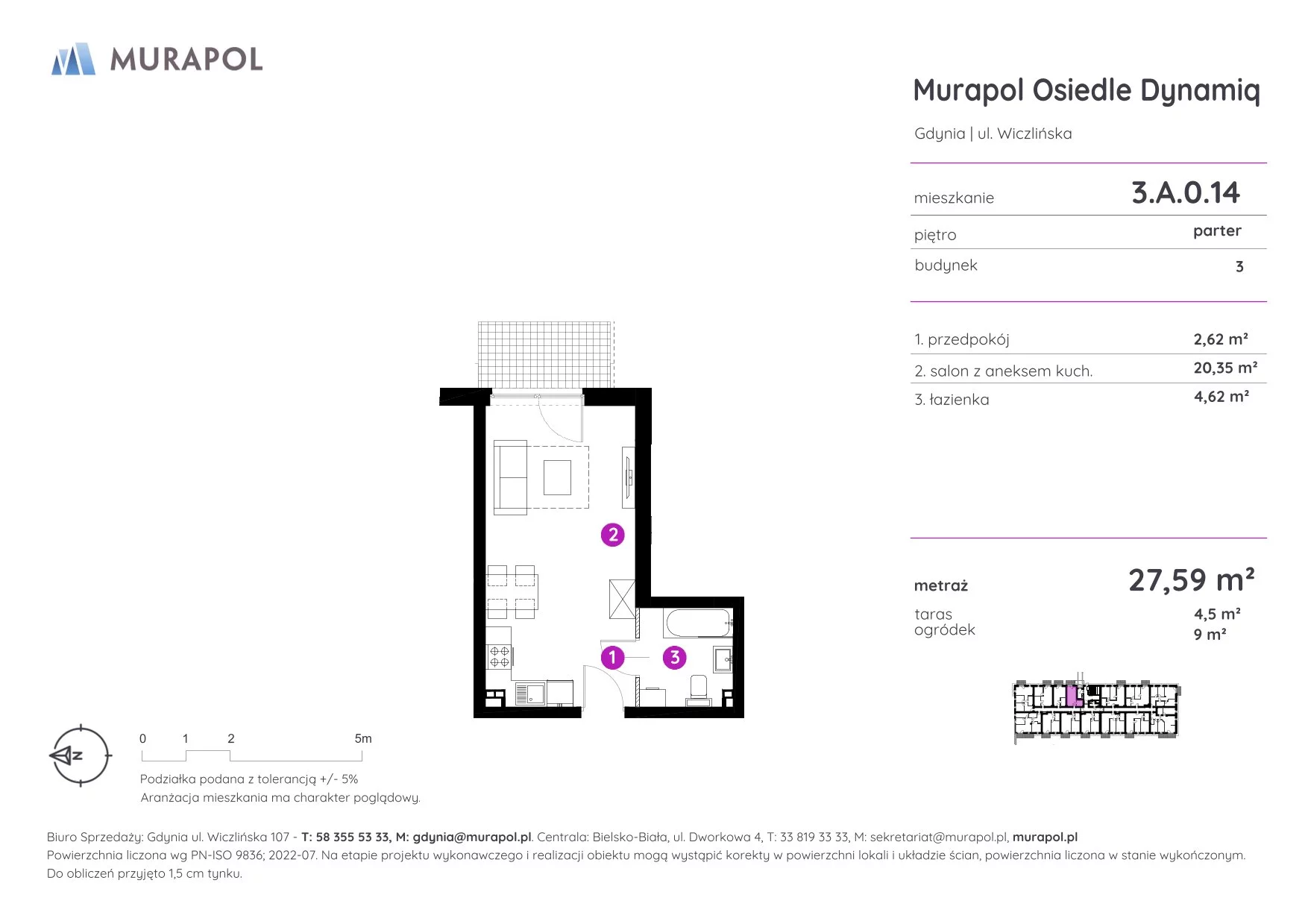 Mieszkanie 27,59 m², parter, oferta nr 3.A.0.14, Murapol Osiedle Dynamiq, Gdynia, Chwarzno-Wiczlino, ul. Wiczlińska