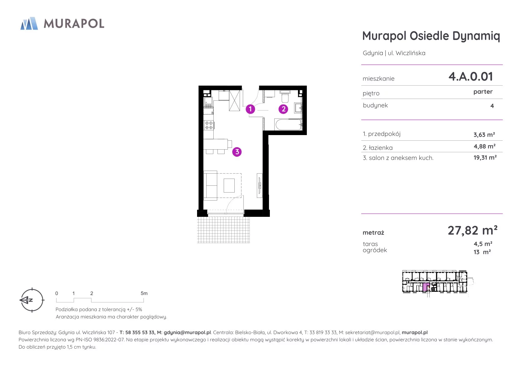 Mieszkanie 27,82 m², parter, oferta nr 4.A.0.01, Murapol Osiedle Dynamiq, Gdynia, Chwarzno-Wiczlino, ul. Wiczlińska