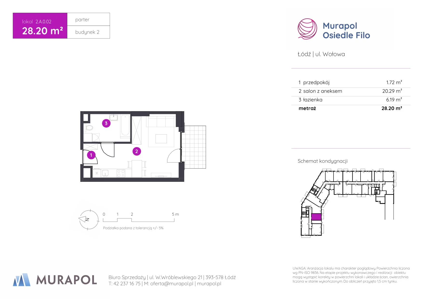 1 pokój, mieszkanie 28,20 m², parter, oferta nr 2.A.0.02, Murapol Osiedle Filo, Łódź, Polesie, Stare Polesie, ul. Wołowa