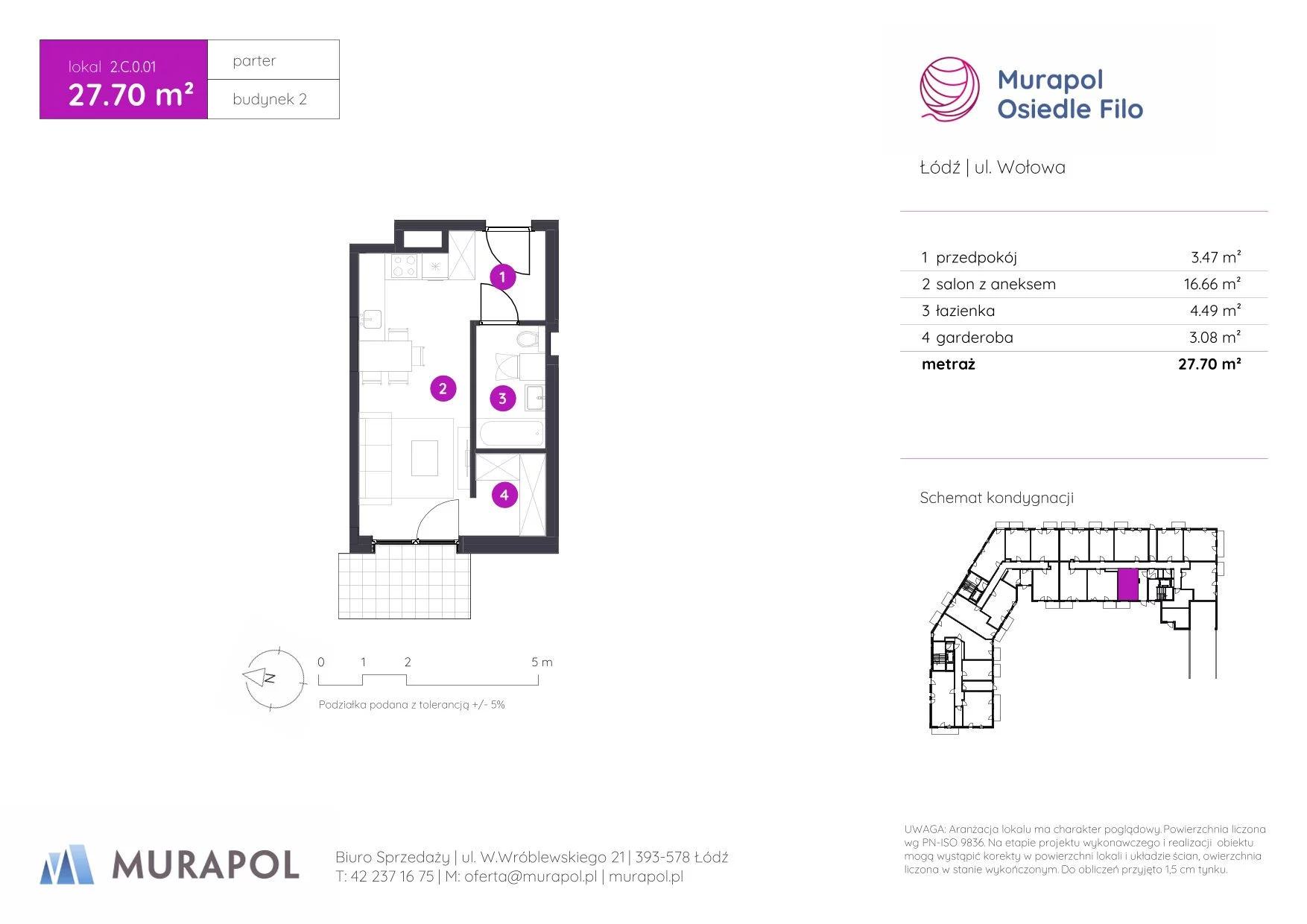 1 pokój, mieszkanie 27,70 m², parter, oferta nr 2.C.0.01, Murapol Osiedle Filo, Łódź, Polesie, Stare Polesie, ul. Wołowa